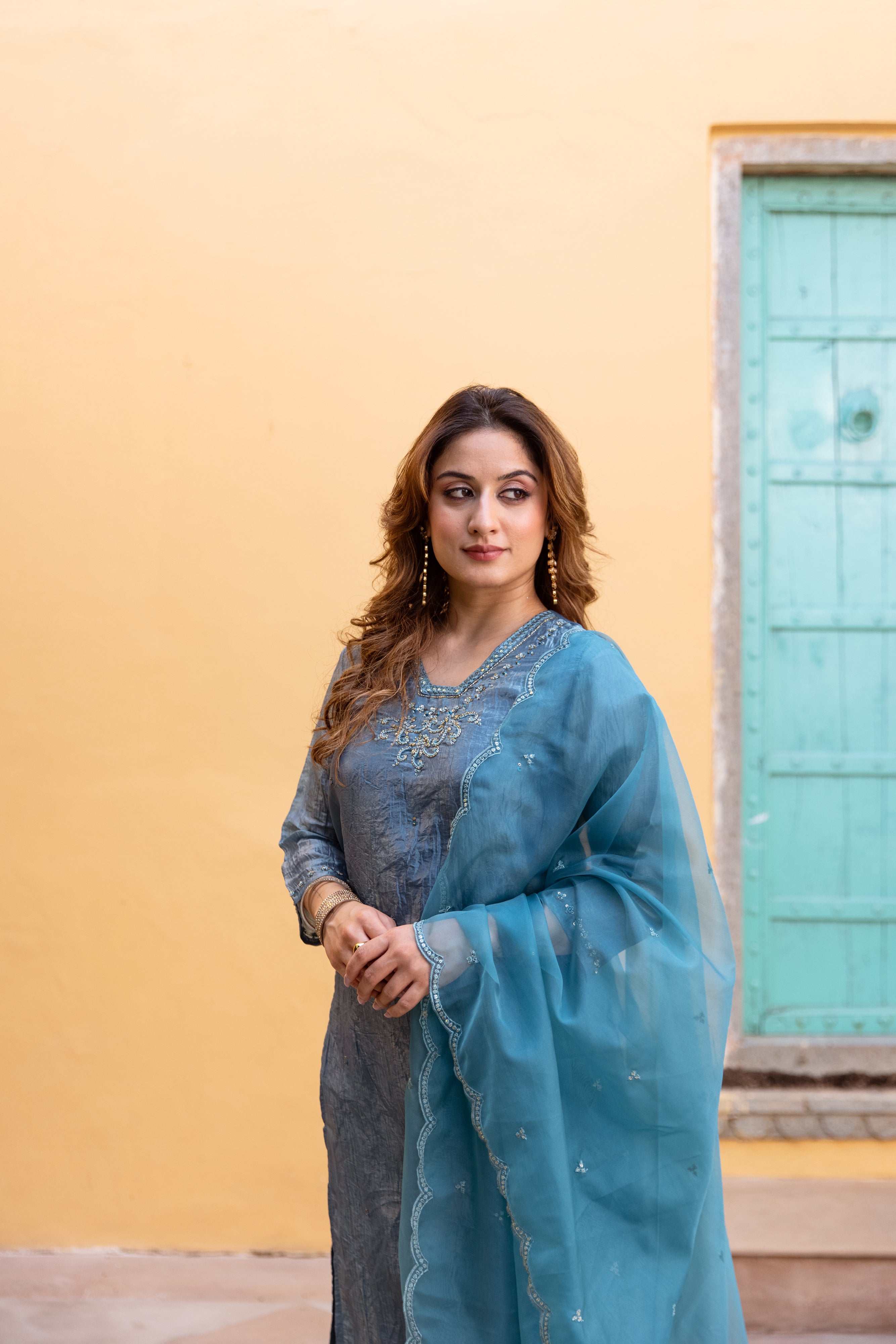 Teal Paper Silk Kurta Pant and Dupatta Set