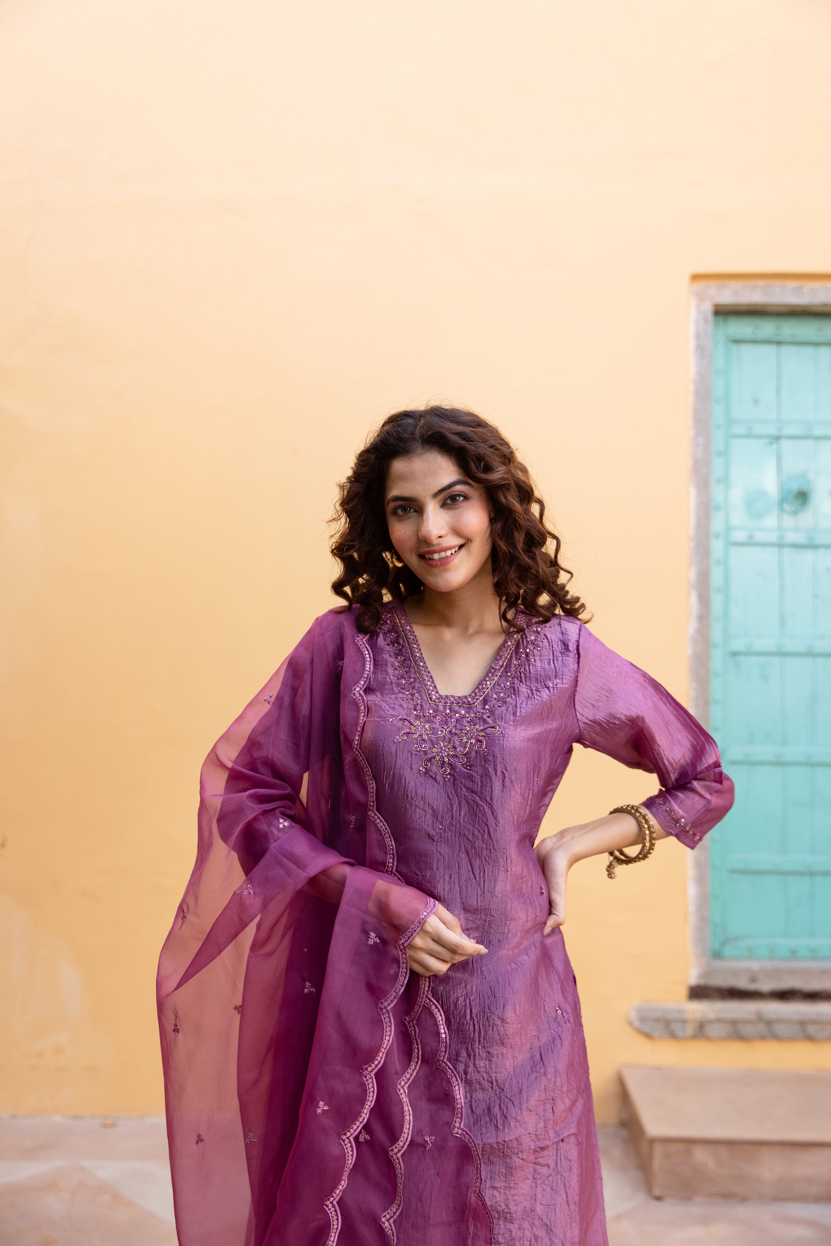 Luxury Purple Paper Silk Kurta Pant and Dupatta Set