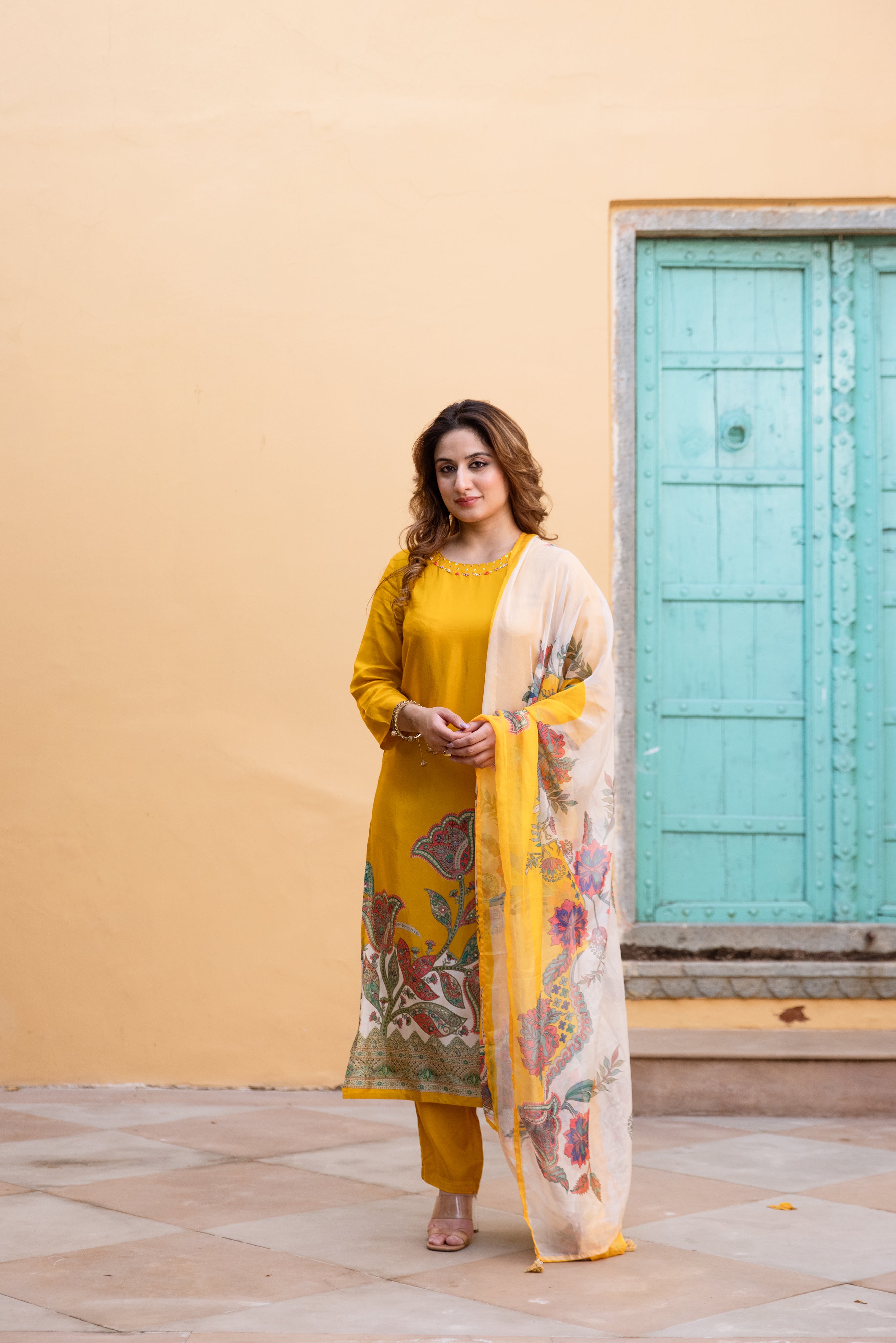 Yellow Viscose Muslin Kurta Pant and Dupatta Set