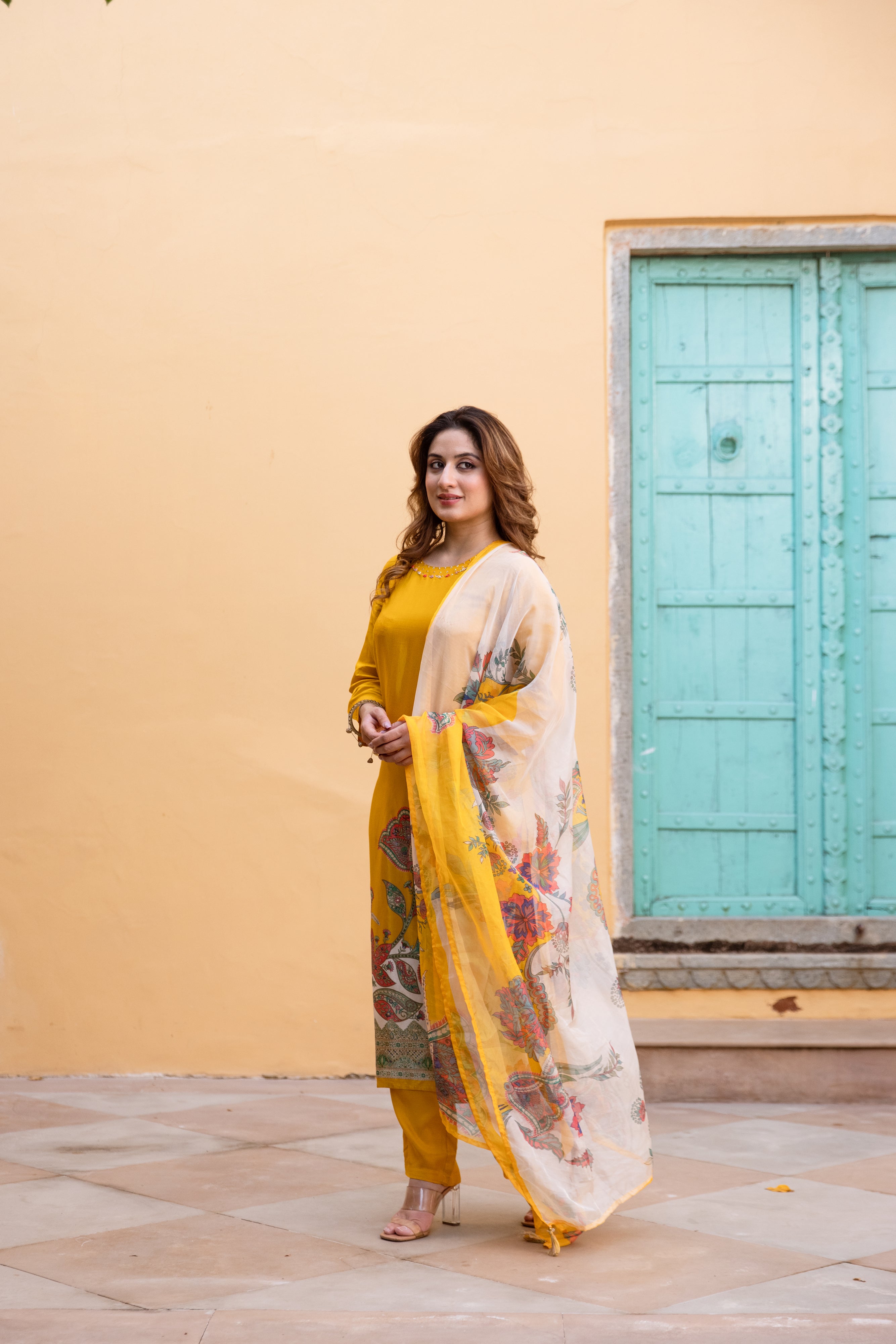 Yellow Viscose Muslin Kurta Pant and Dupatta Set