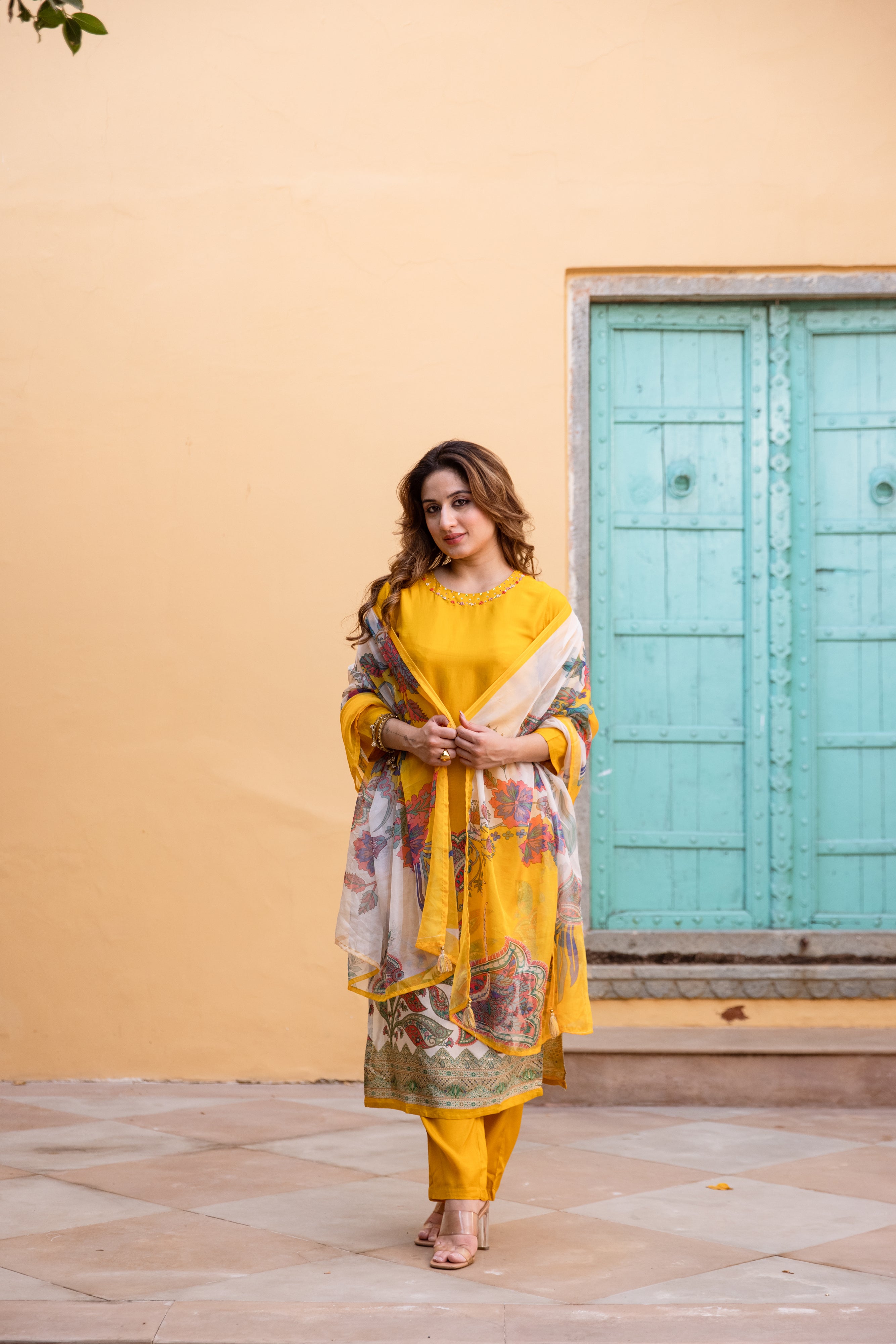 Yellow Viscose Muslin Kurta Pant and Dupatta Set
