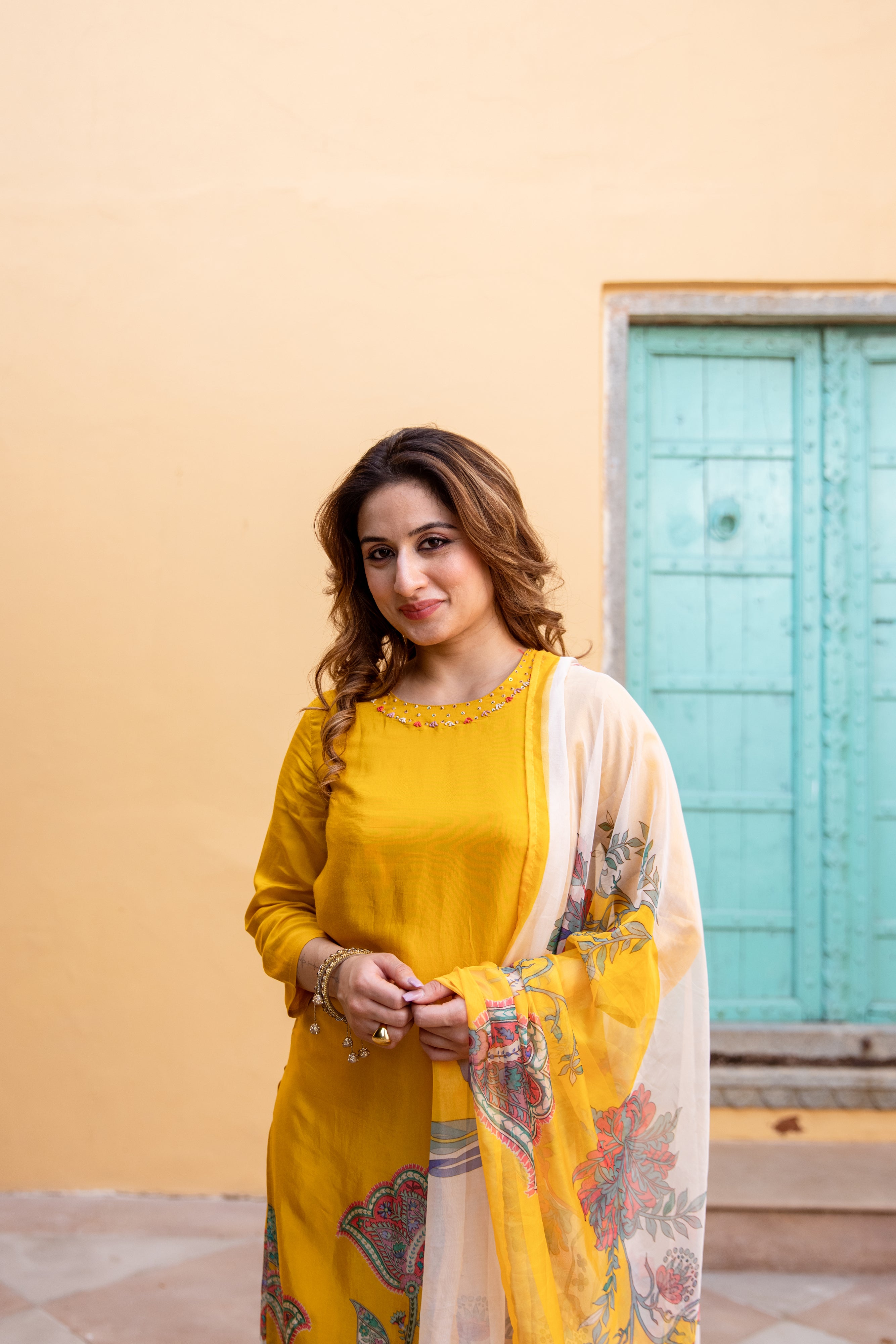 Yellow Viscose Muslin Kurta Pant and Dupatta Set