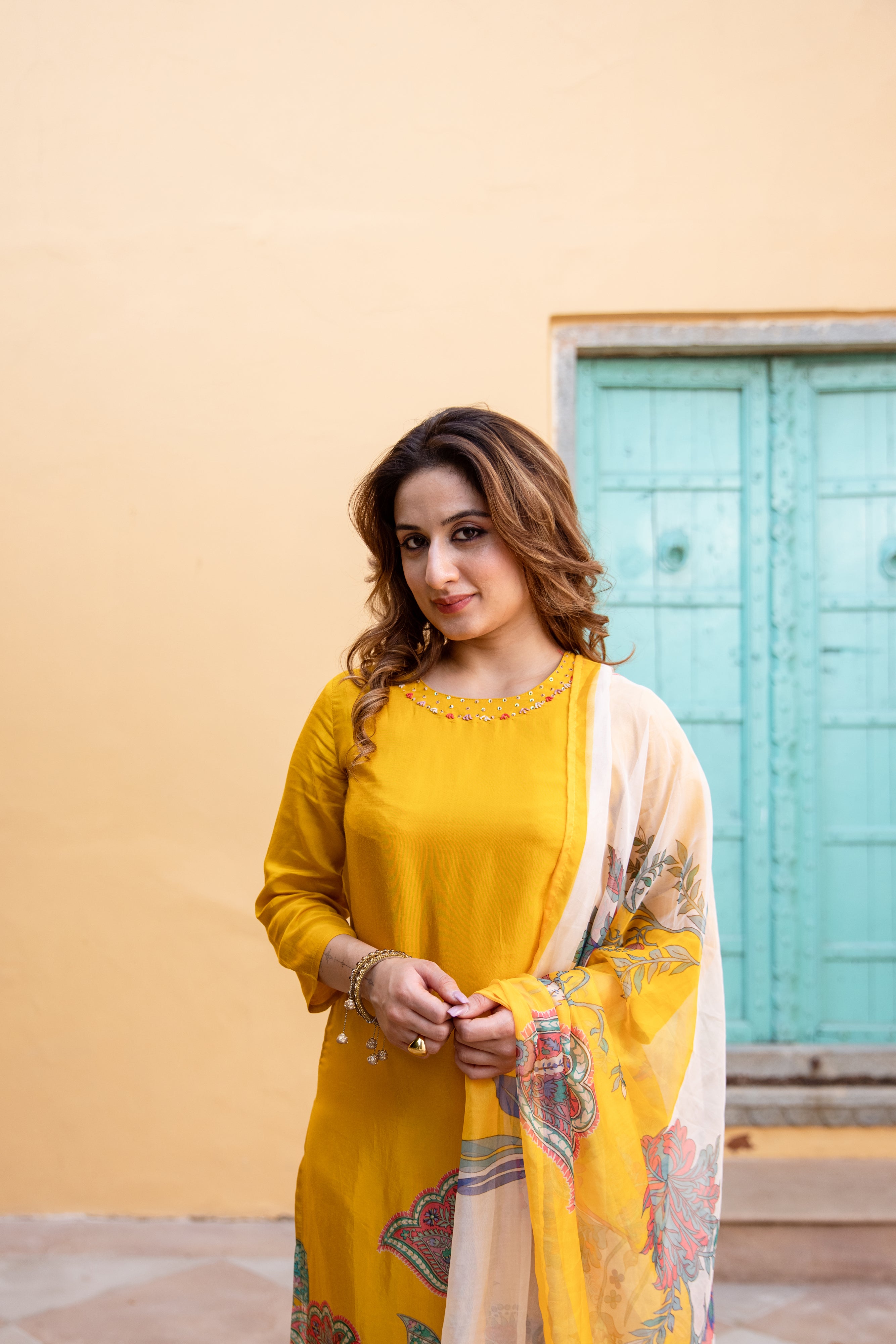Yellow Viscose Muslin Kurta Pant and Dupatta Set