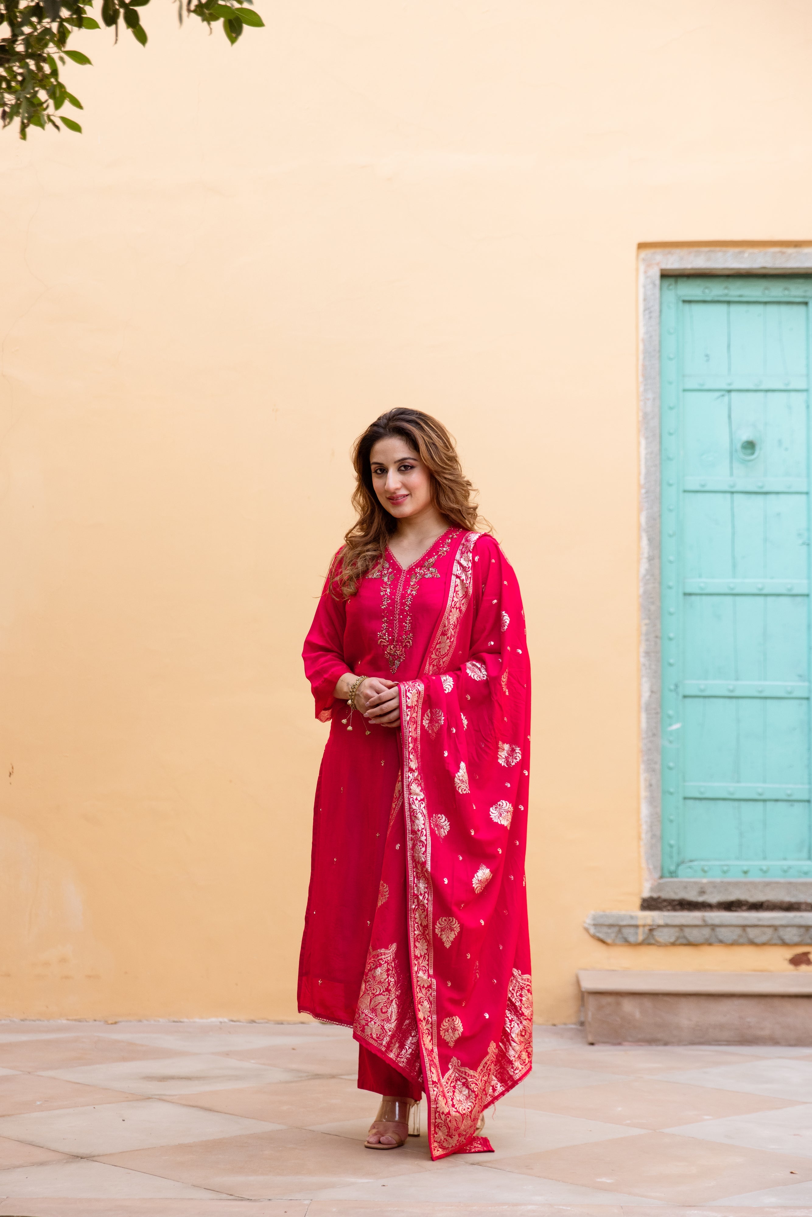 Red Dolla Silk Kurta Pant and Dupatta Set
