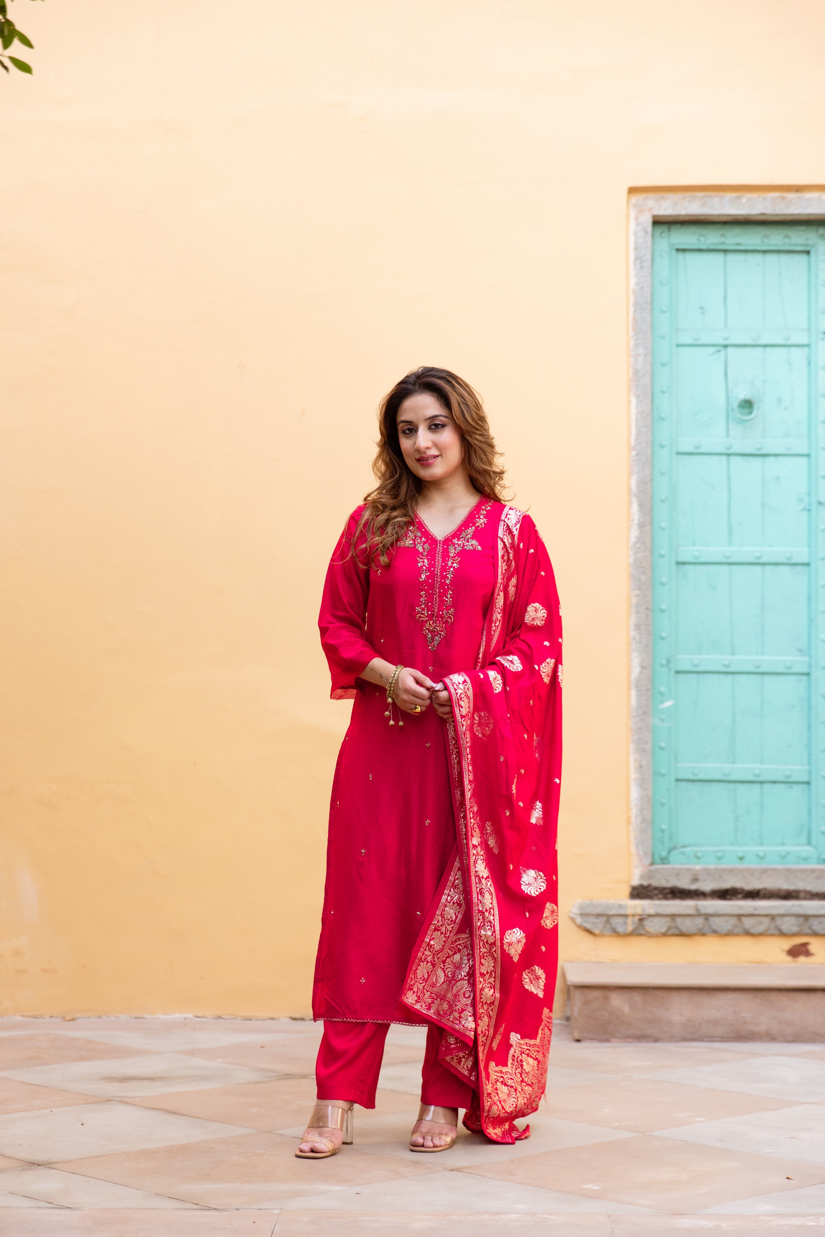Red Dolla Silk Kurta Pant and Dupatta Set