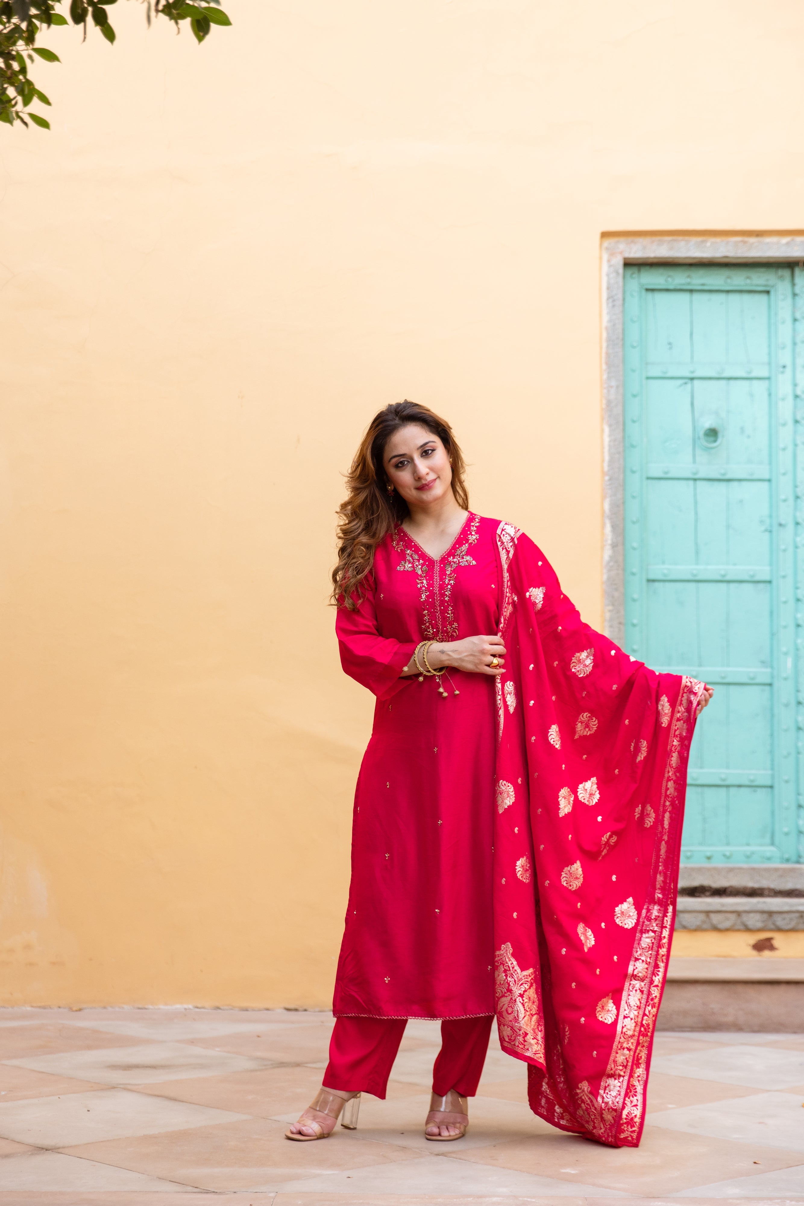 Red Dolla Silk Kurta Pant and Dupatta Set