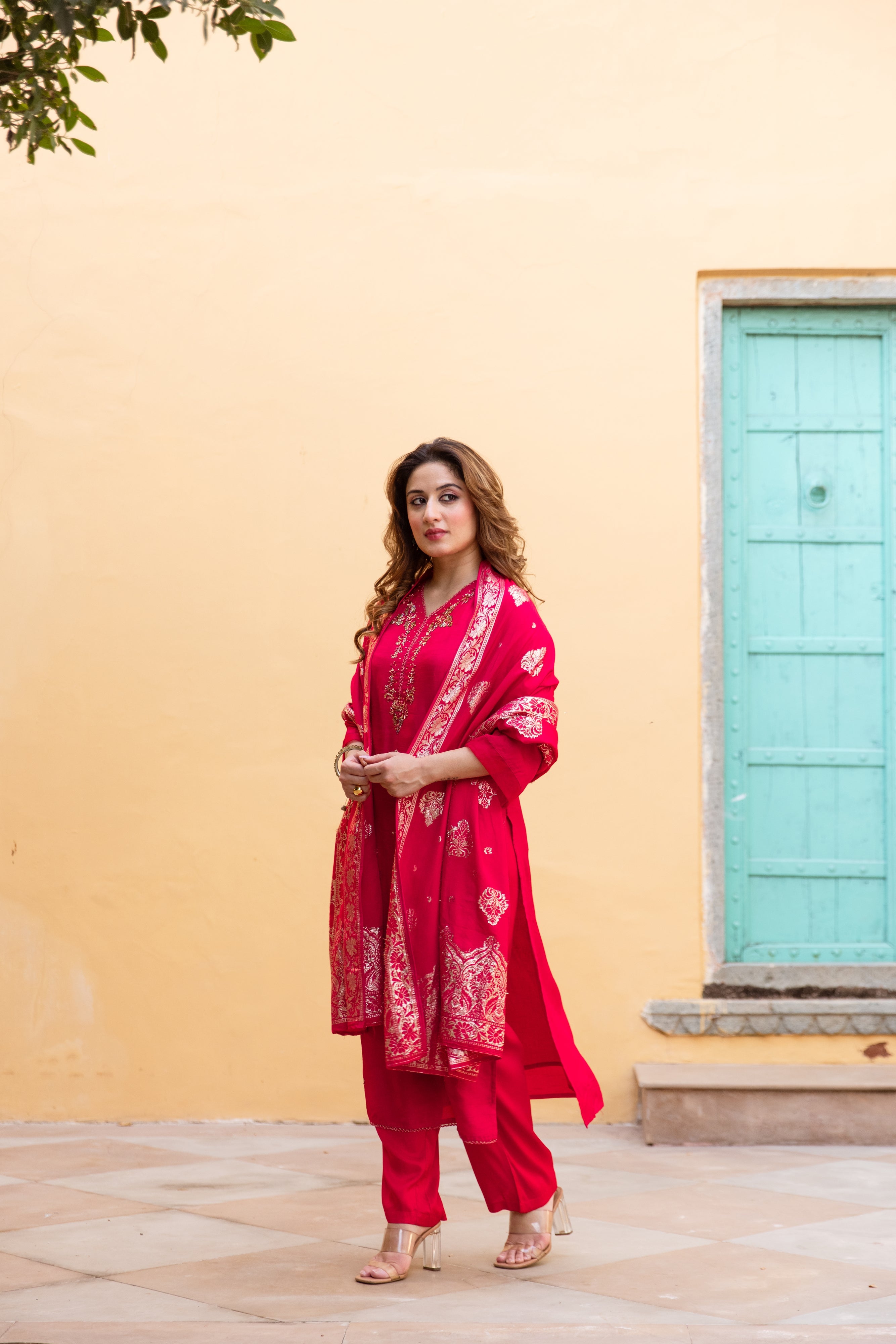 Red Dolla Silk Kurta Pant and Dupatta Set