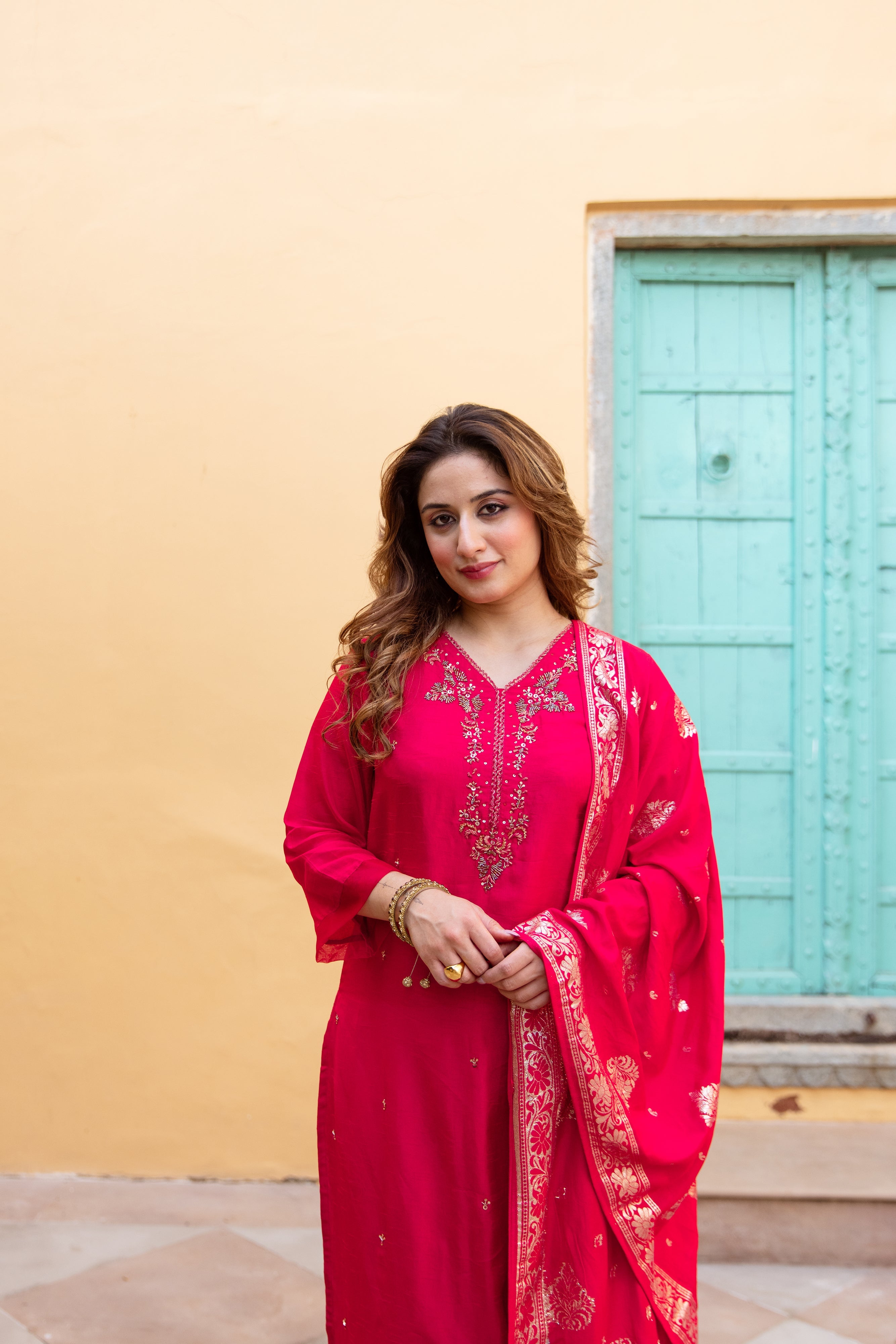 Red Dolla Silk Kurta Pant and Dupatta Set