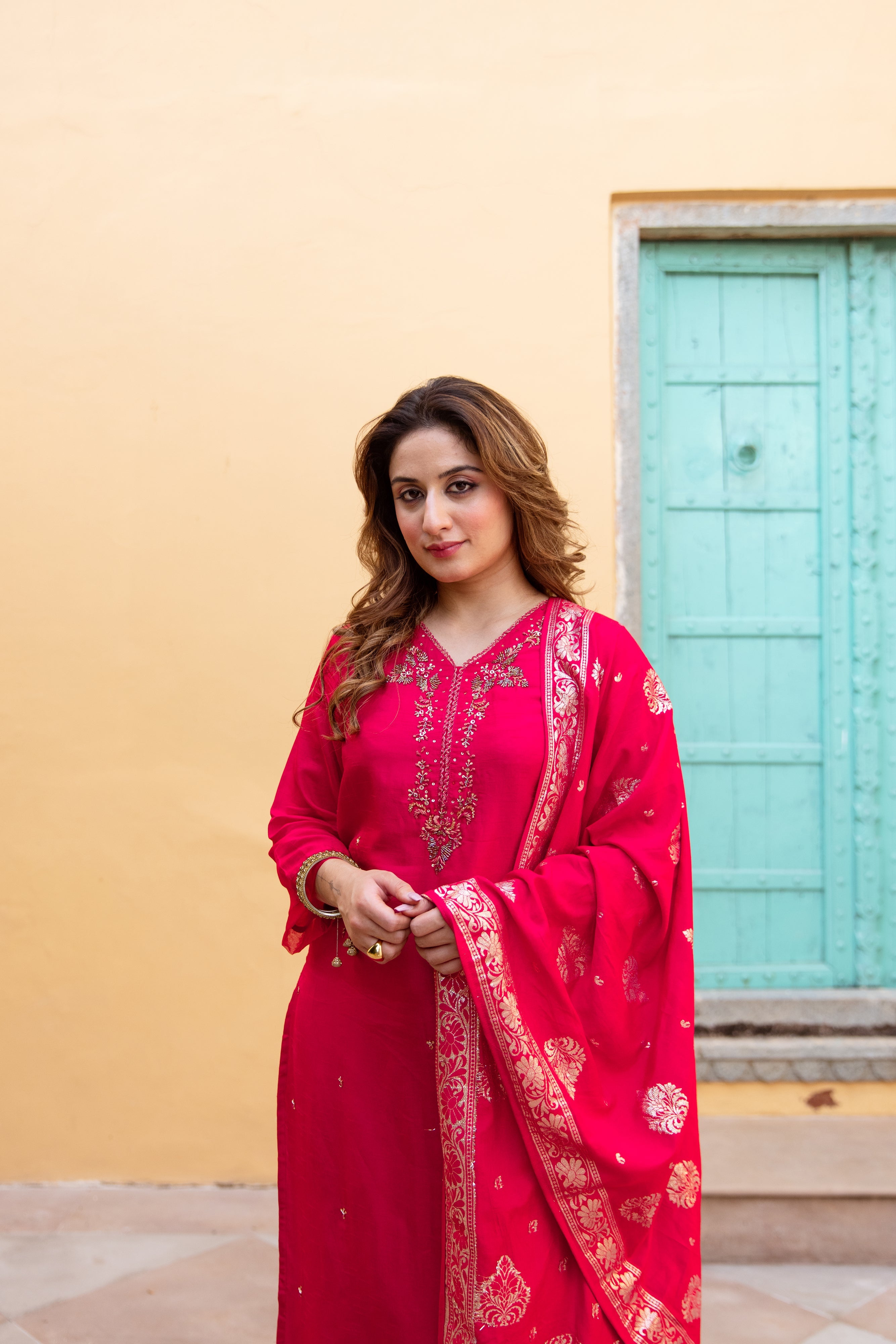 Red Dolla Silk Kurta Pant and Dupatta Set