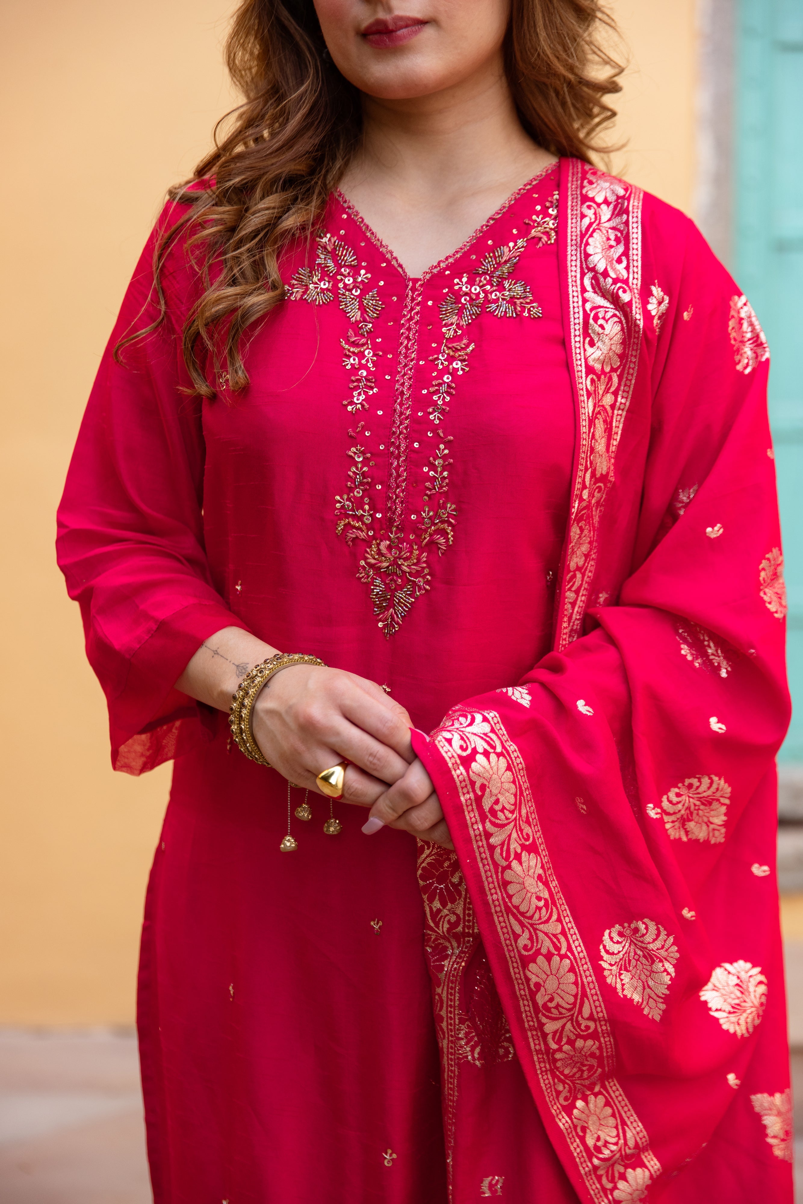 Red Dolla Silk Kurta Pant and Dupatta Set