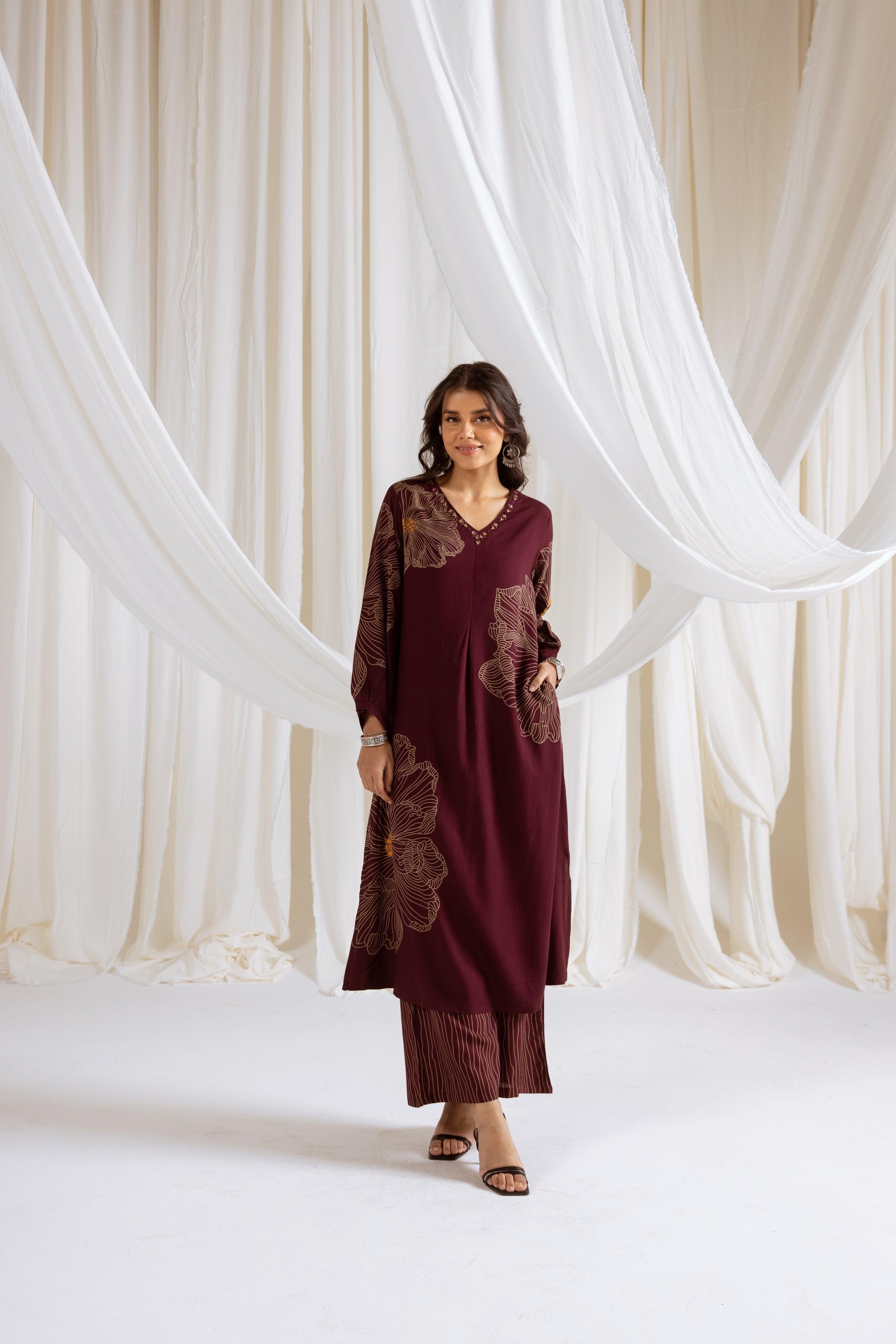 Women's Maroon German Rayon Kurta and Palazzo Set