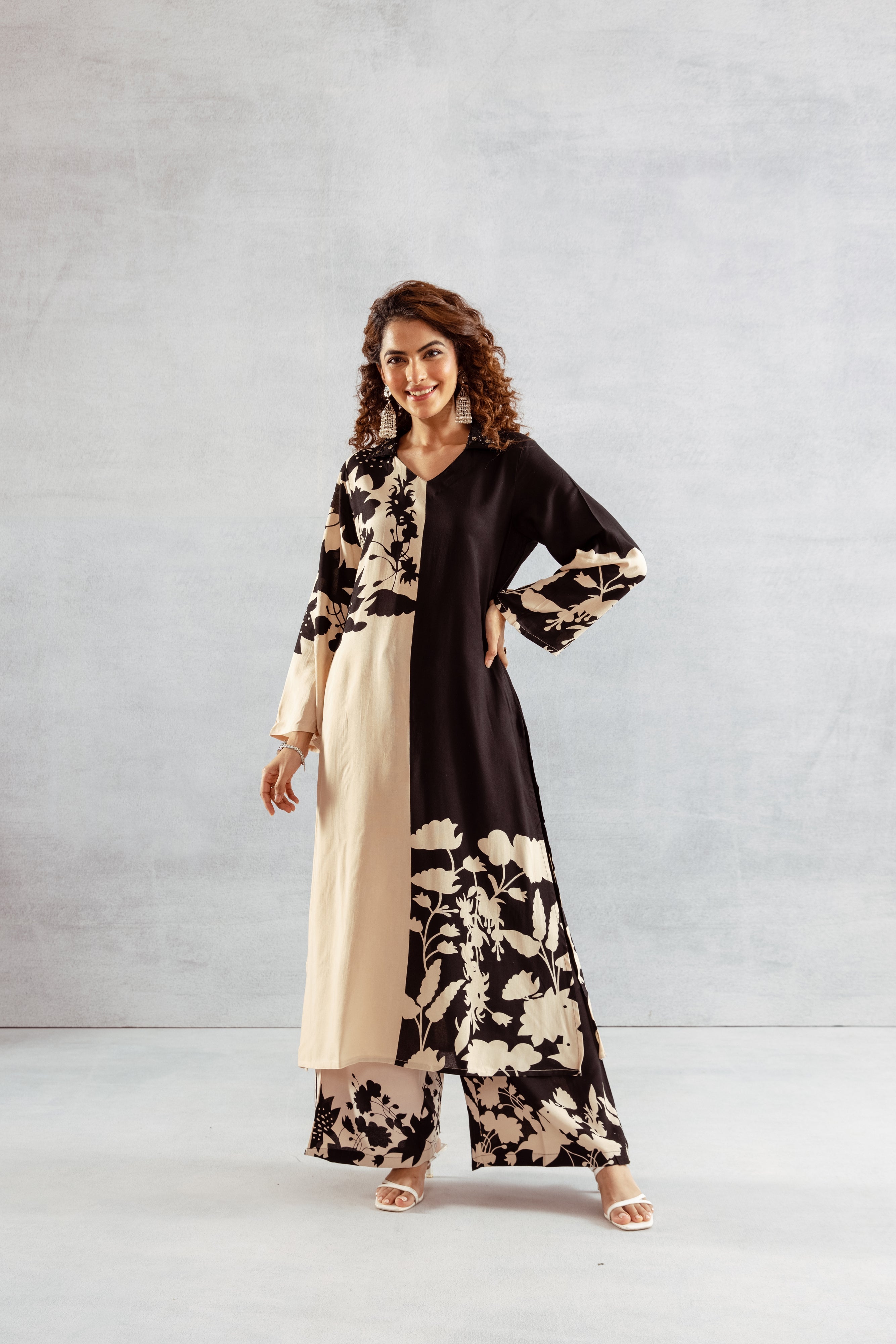 Women's Beige::Black German Rayon Kurta and Palazzo Set