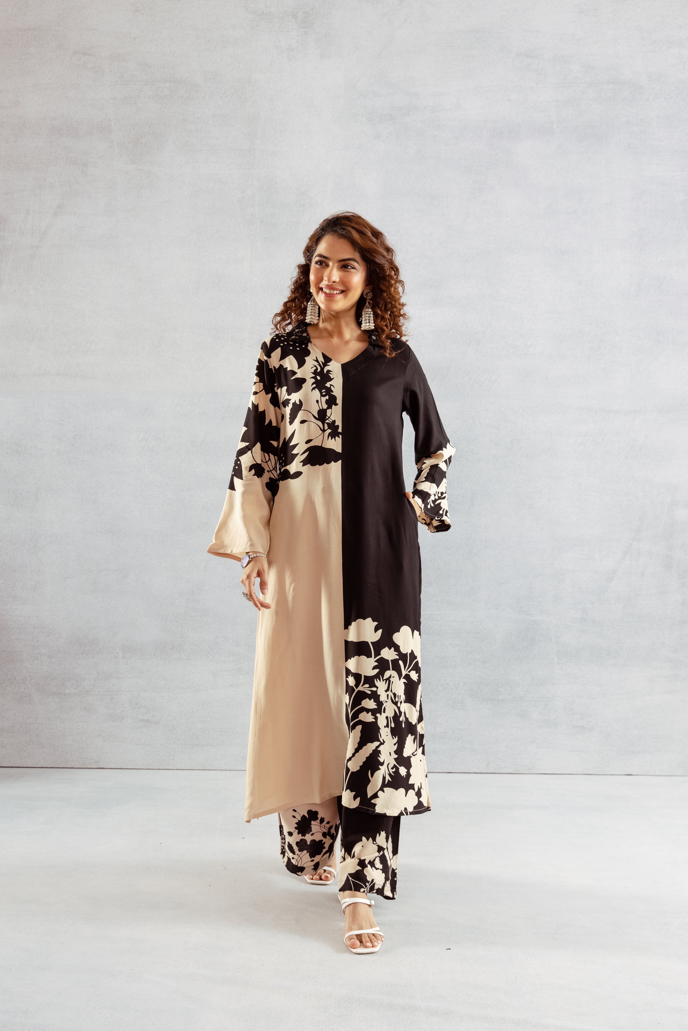 Women's Beige::Black German Rayon Kurta and Palazzo Set