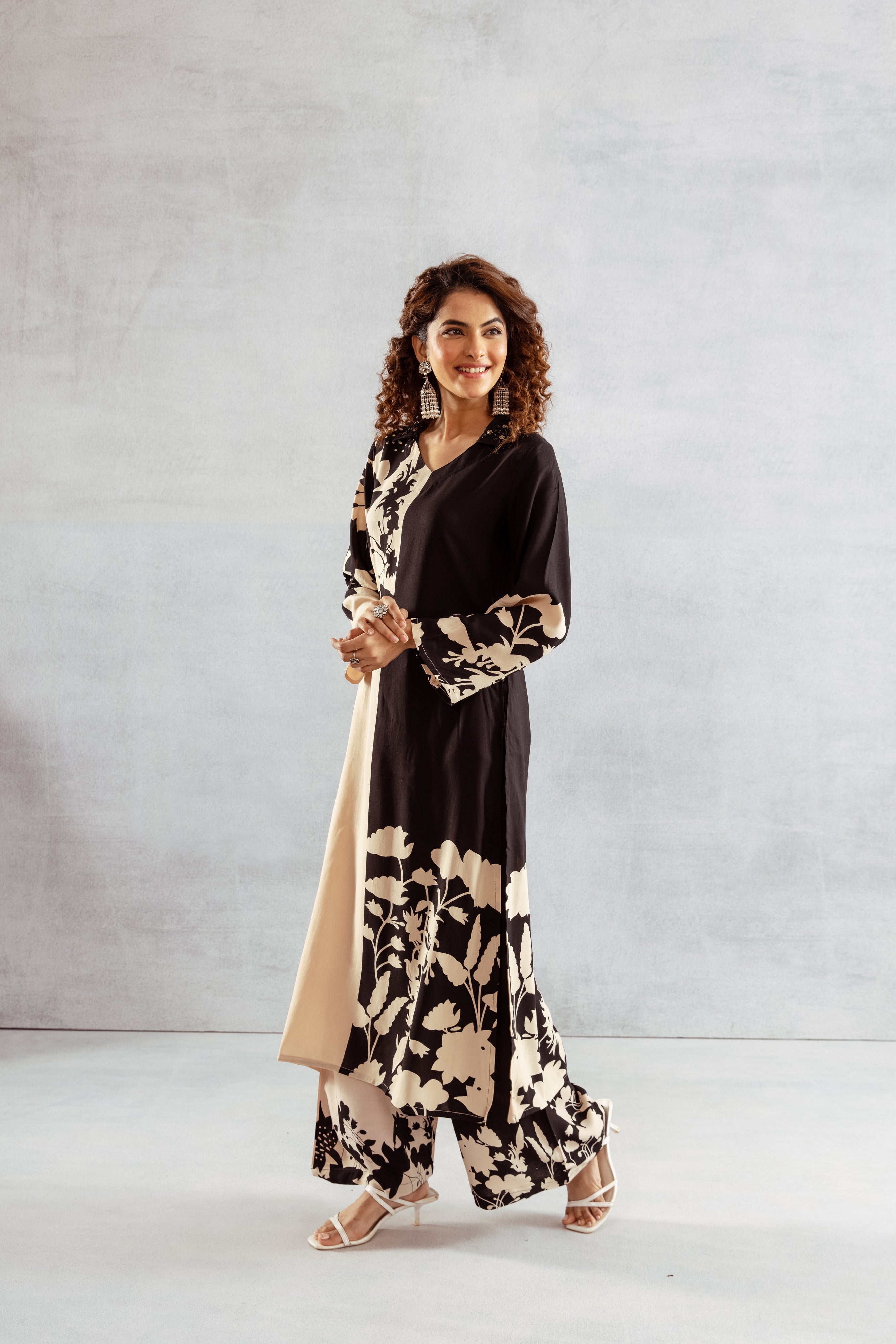 Women's Beige::Black German Rayon Kurta and Palazzo Set