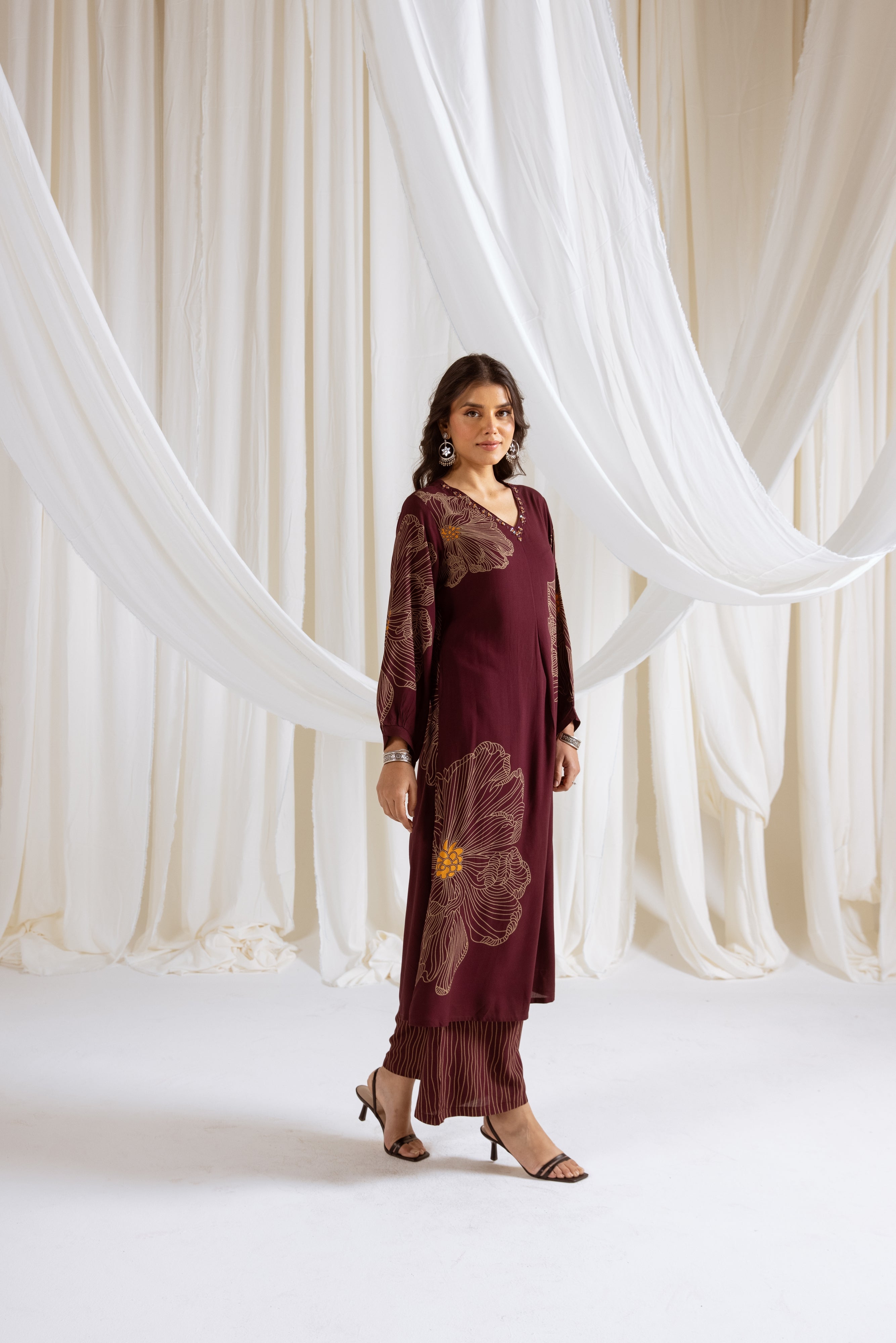 Women's Maroon German Rayon Kurta and Palazzo Set