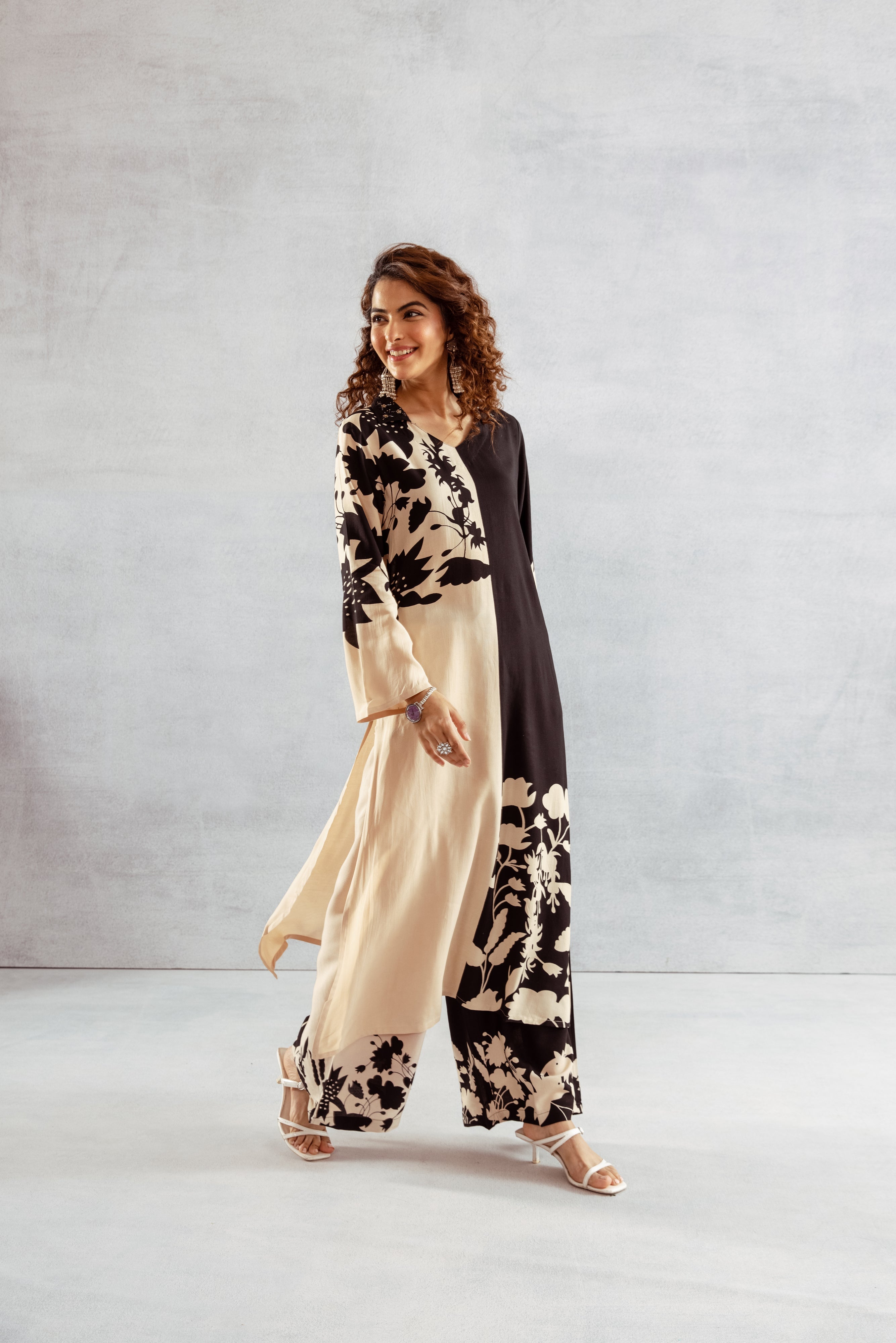 Women's Beige::Black German Rayon Kurta and Palazzo Set