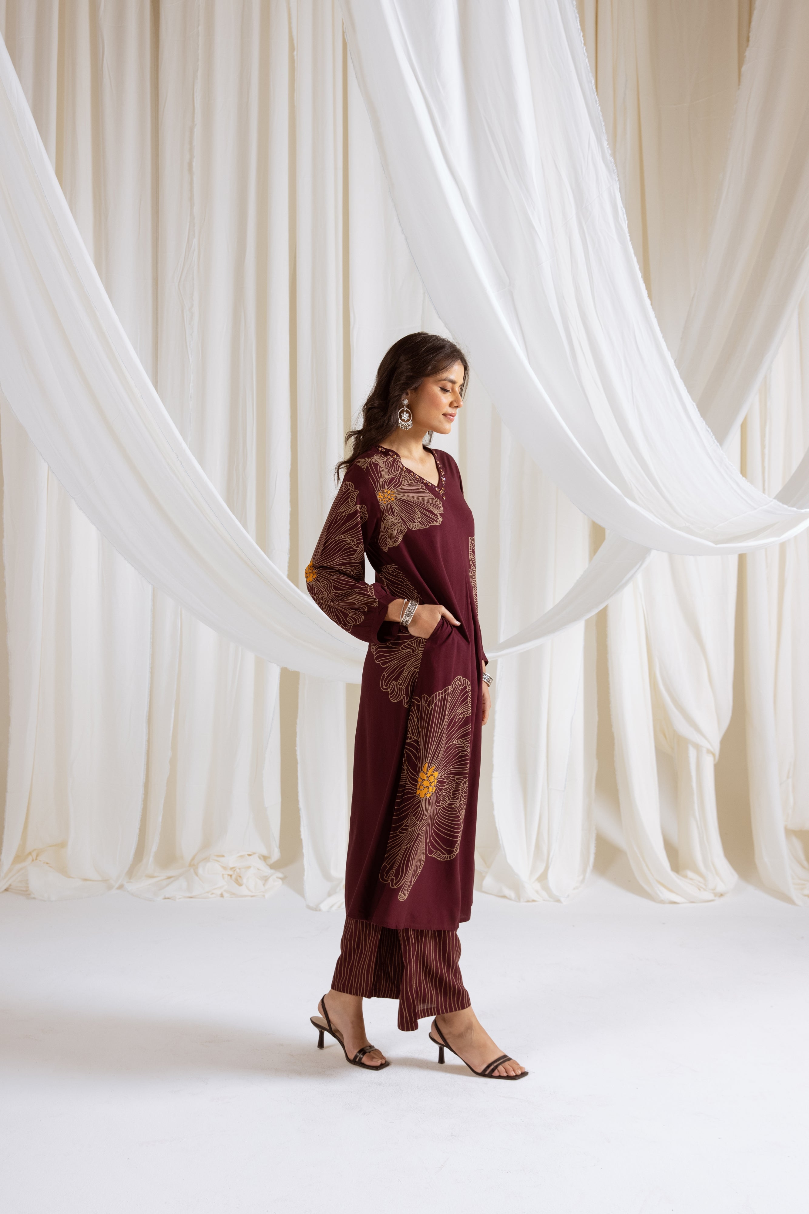 Women's Maroon German Rayon Kurta and Palazzo Set