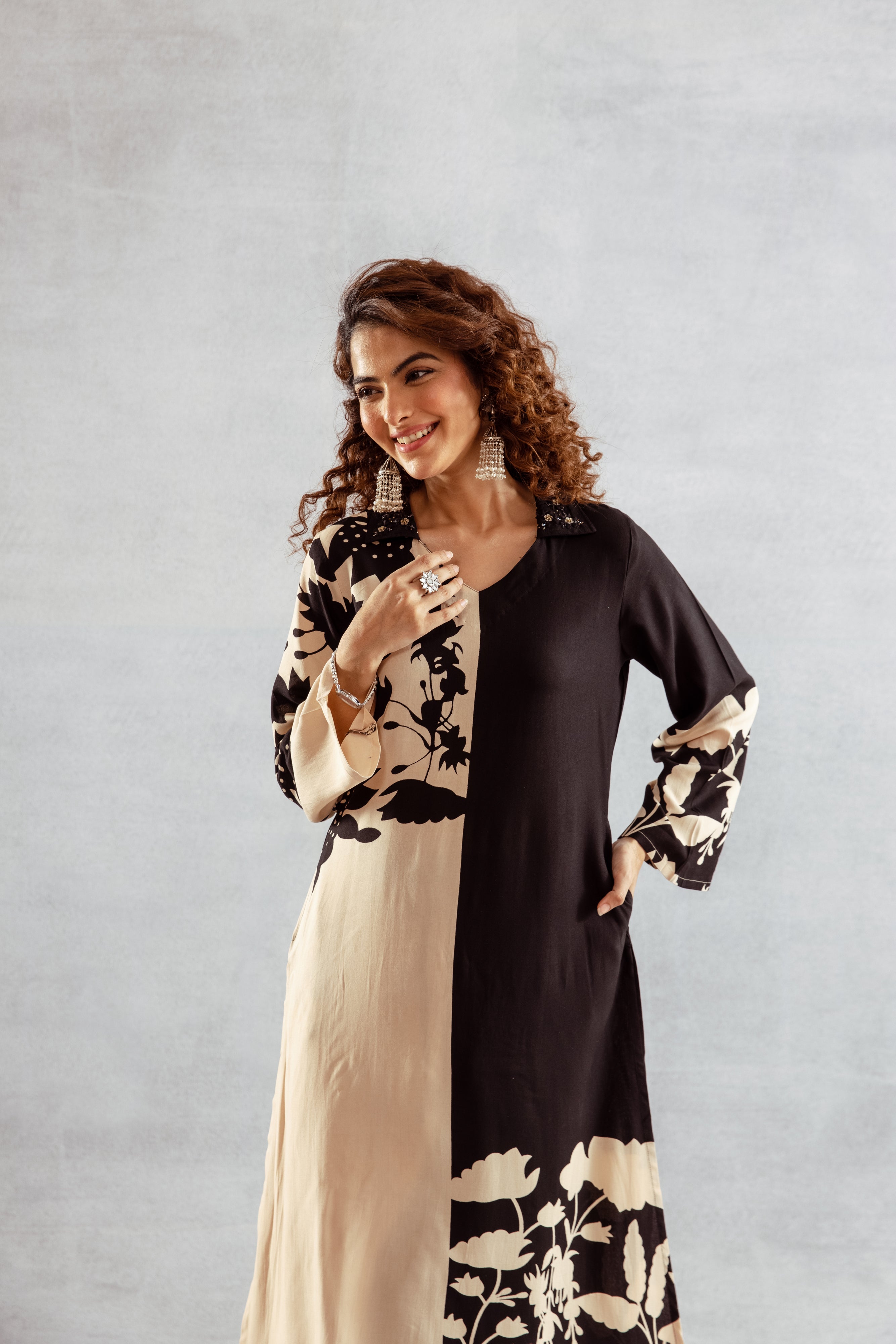 Women's Beige::Black German Rayon Kurta and Palazzo Set