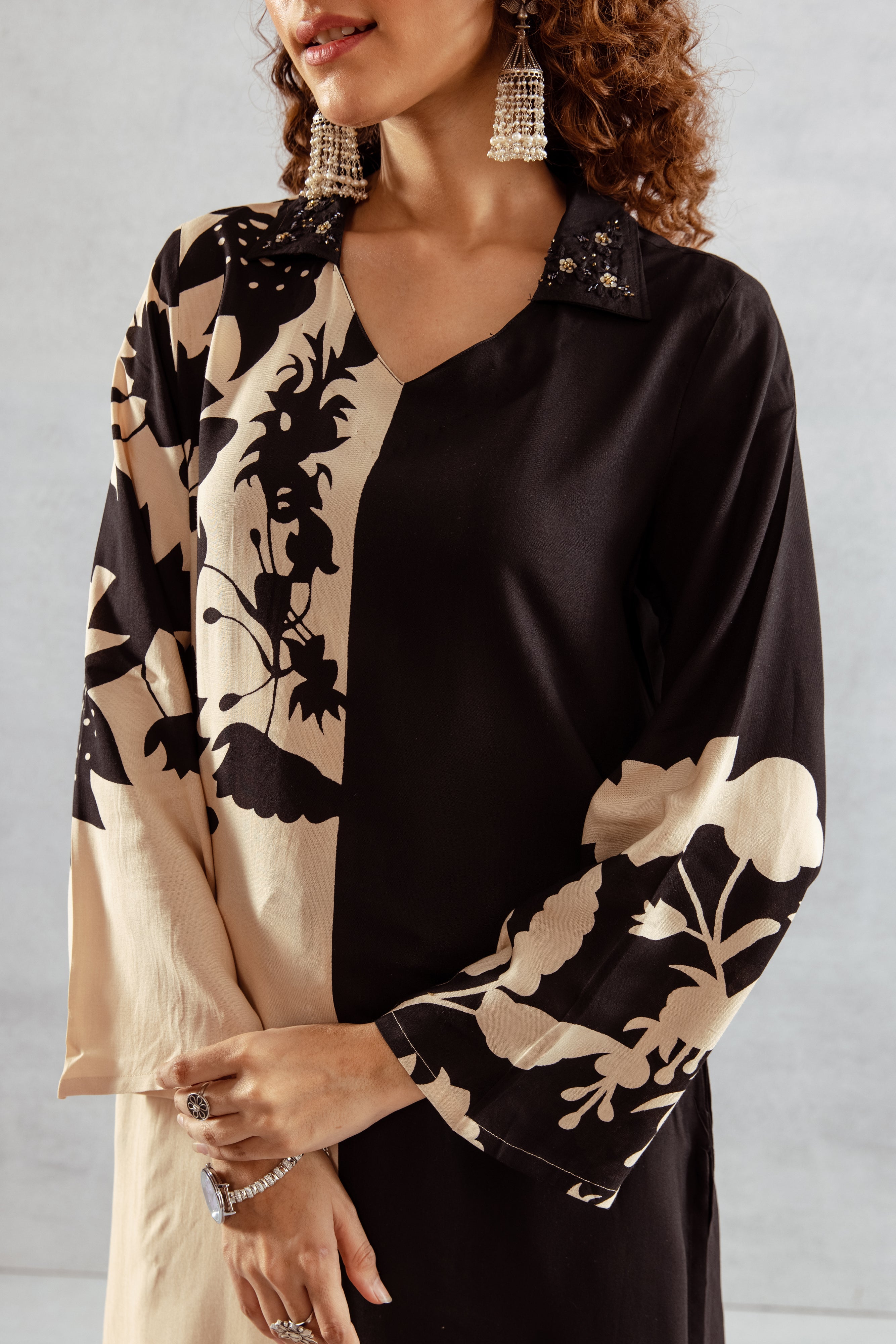 Women's Beige::Black German Rayon Kurta and Palazzo Set