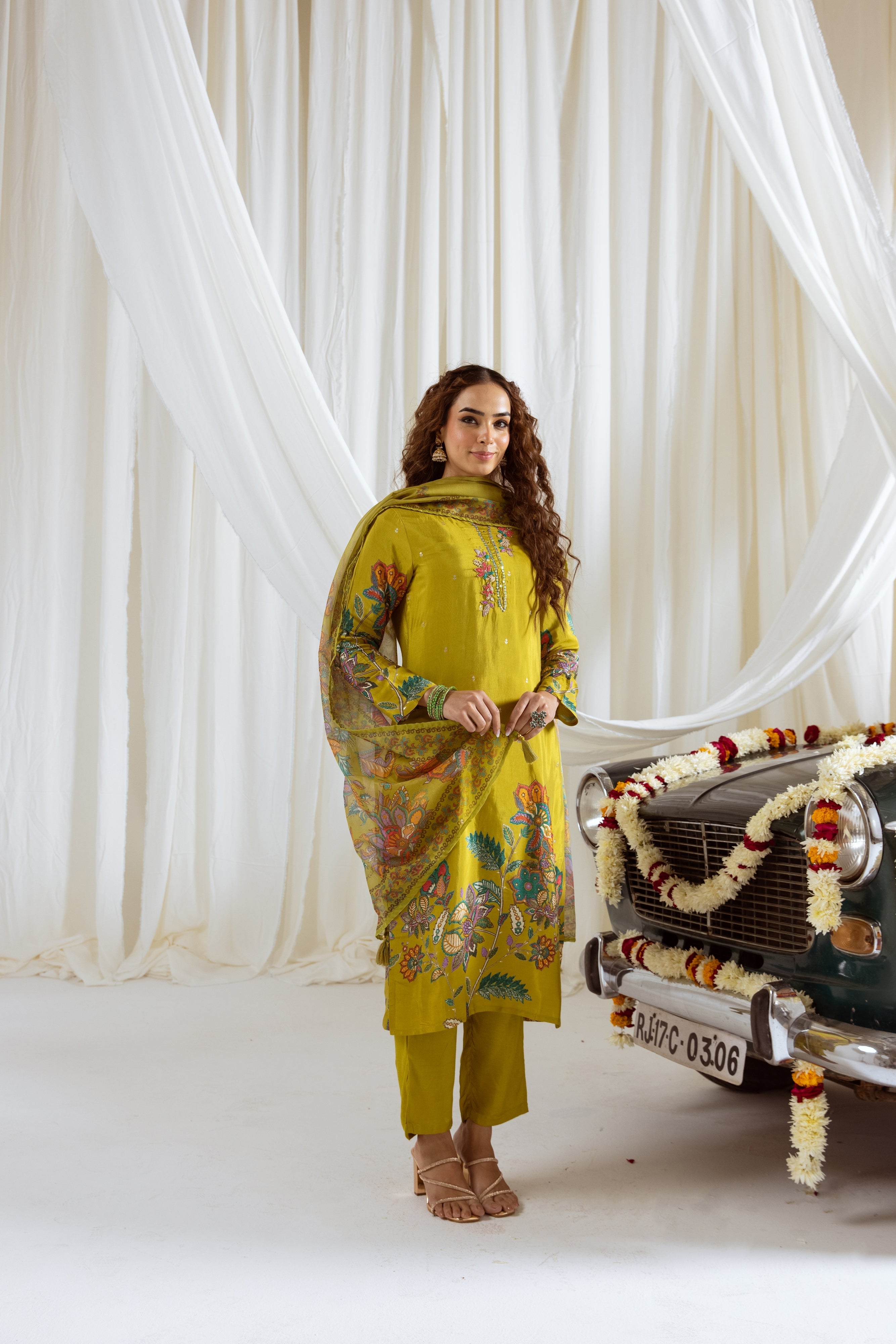 Green Viscose Muslin Kurta Pant and Dupatta Set