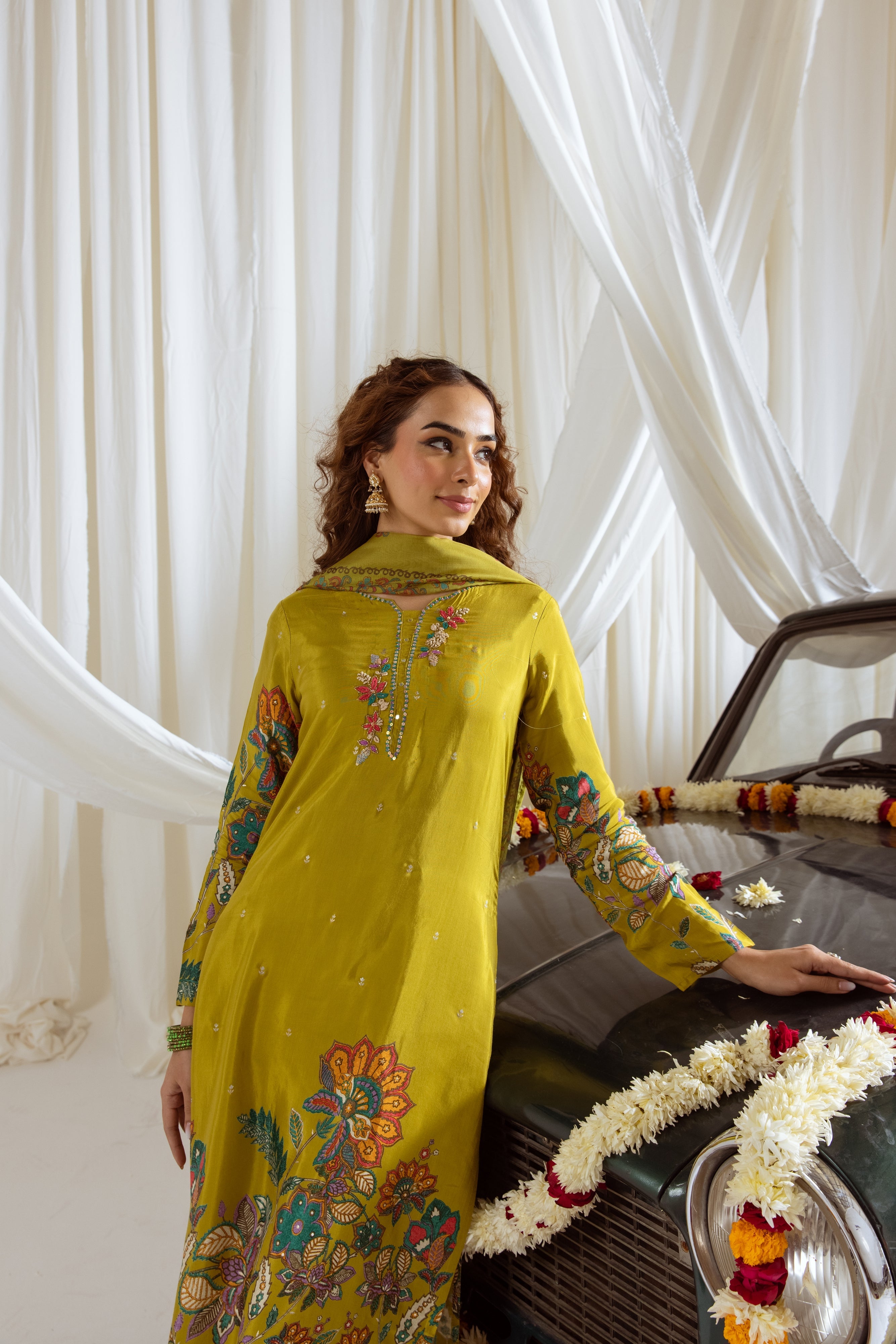 Green Viscose Muslin Kurta Pant and Dupatta Set