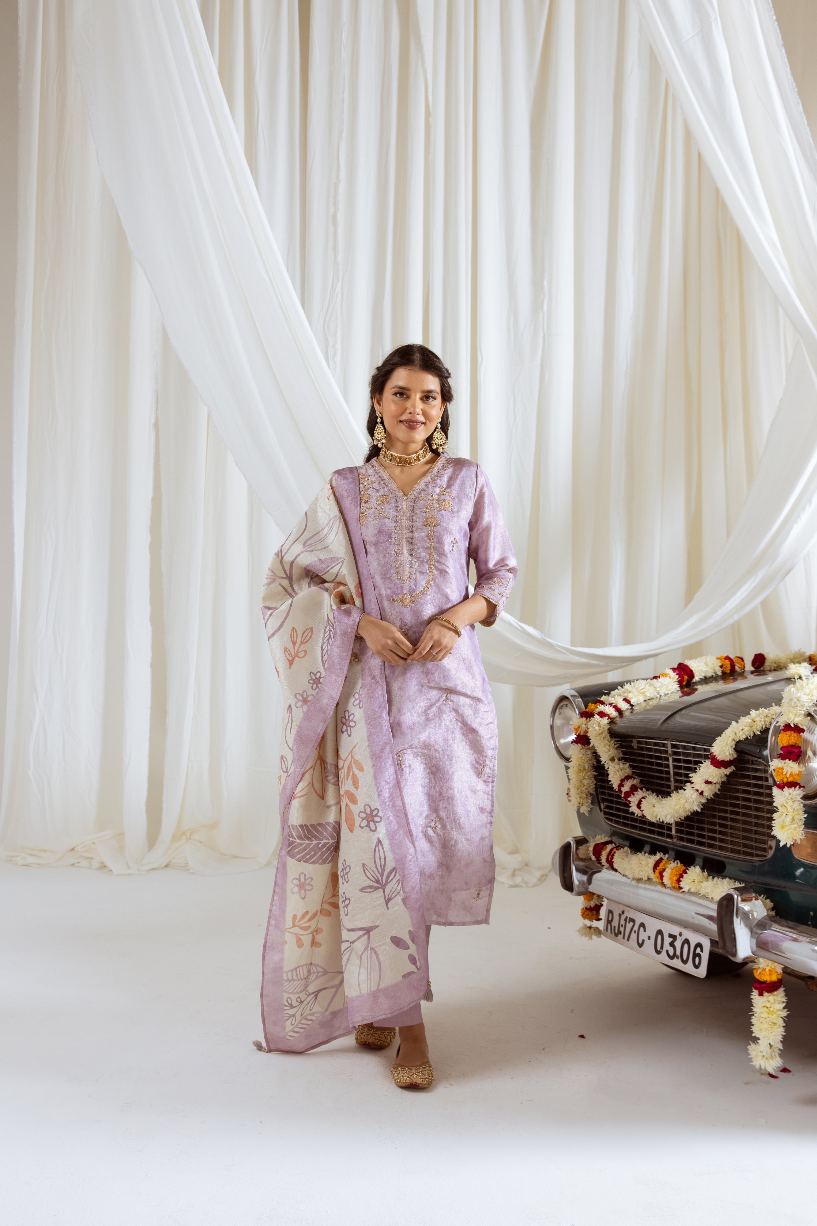 Lavender Tissue Simmer Kurta Pant and Dupatta Set