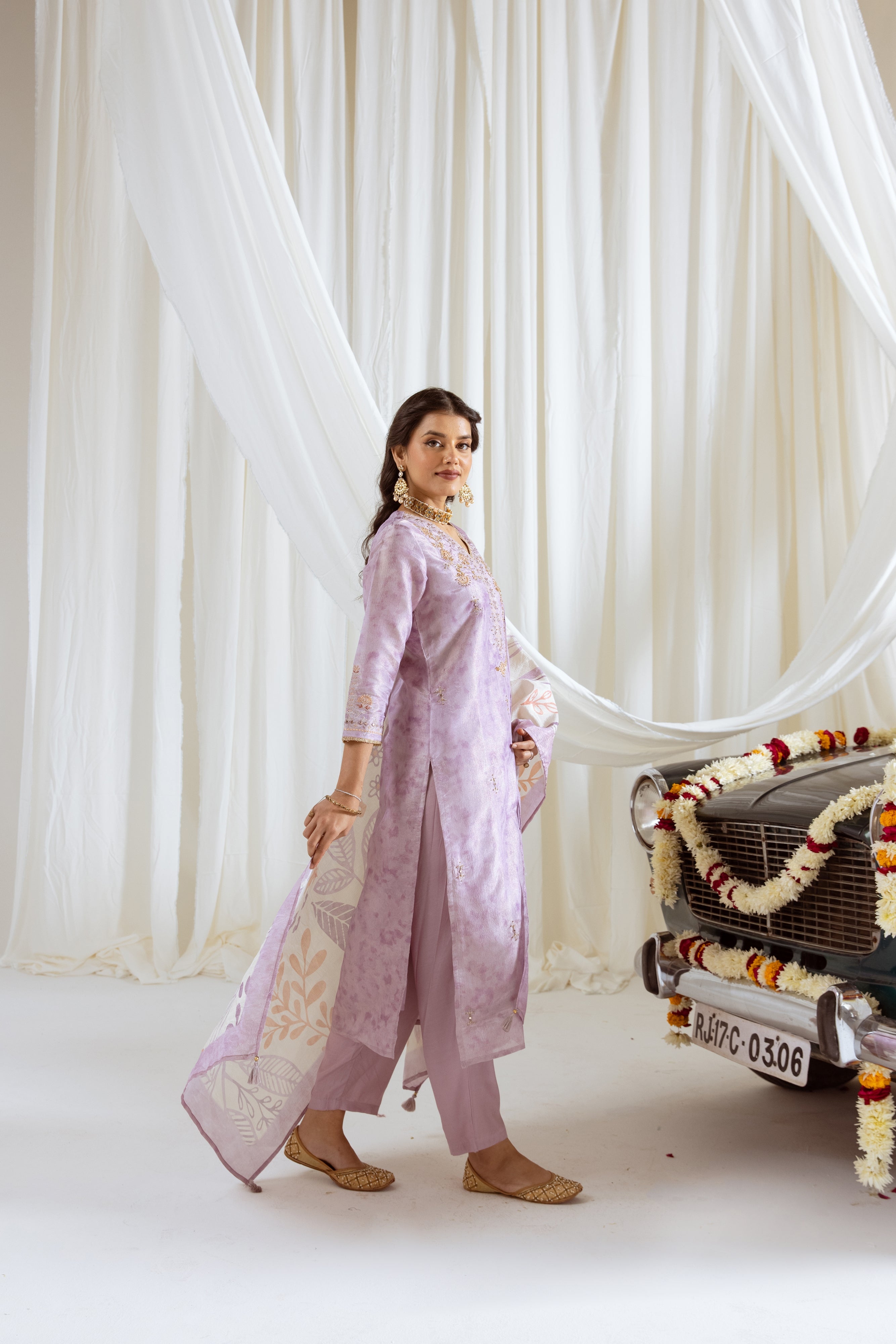 Lavender Tissue Simmer Kurta Pant and Dupatta Set