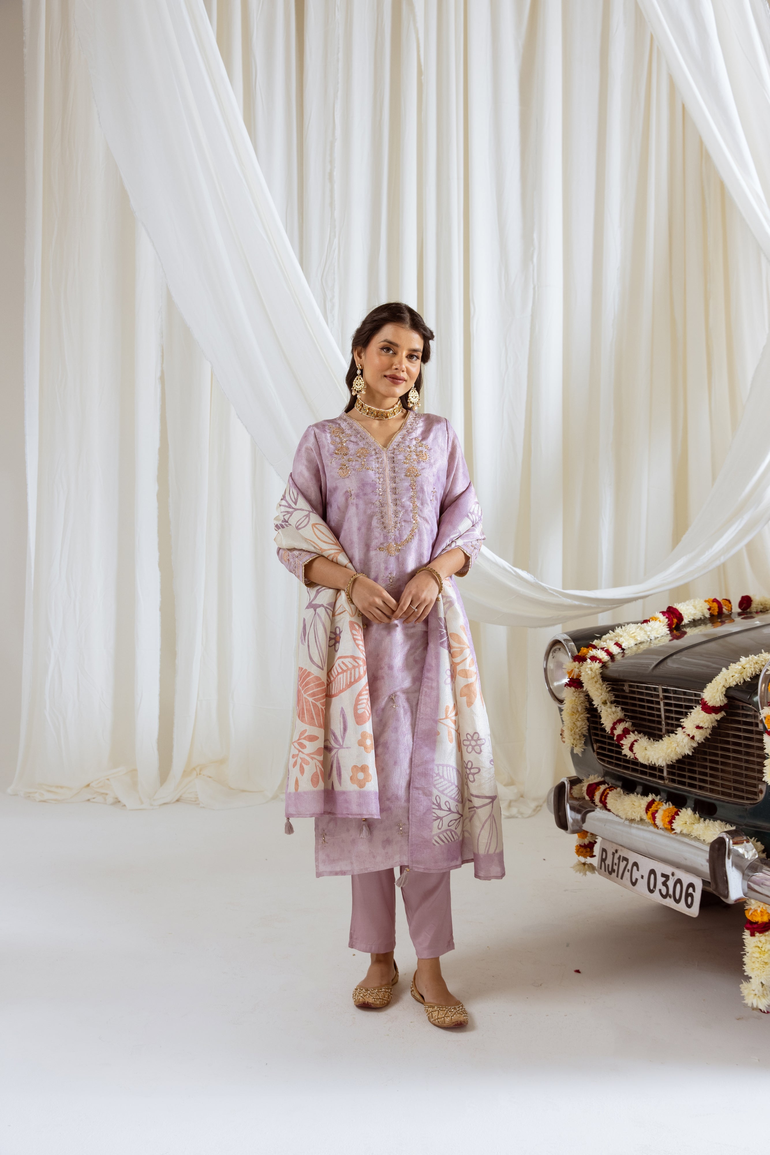 Lavender Tissue Simmer Kurta Pant and Dupatta Set