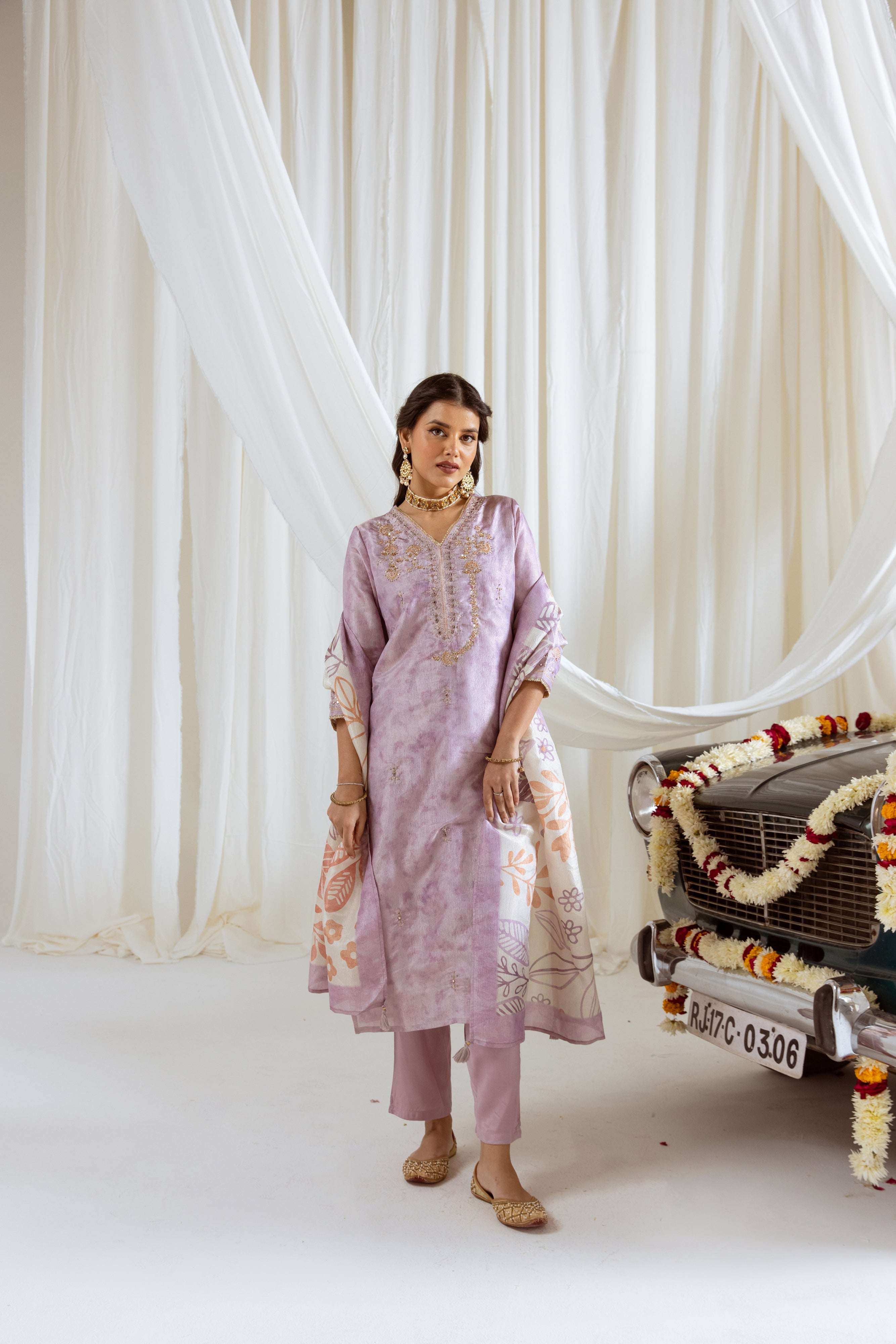 Lavender Tissue Simmer Kurta Pant and Dupatta Set