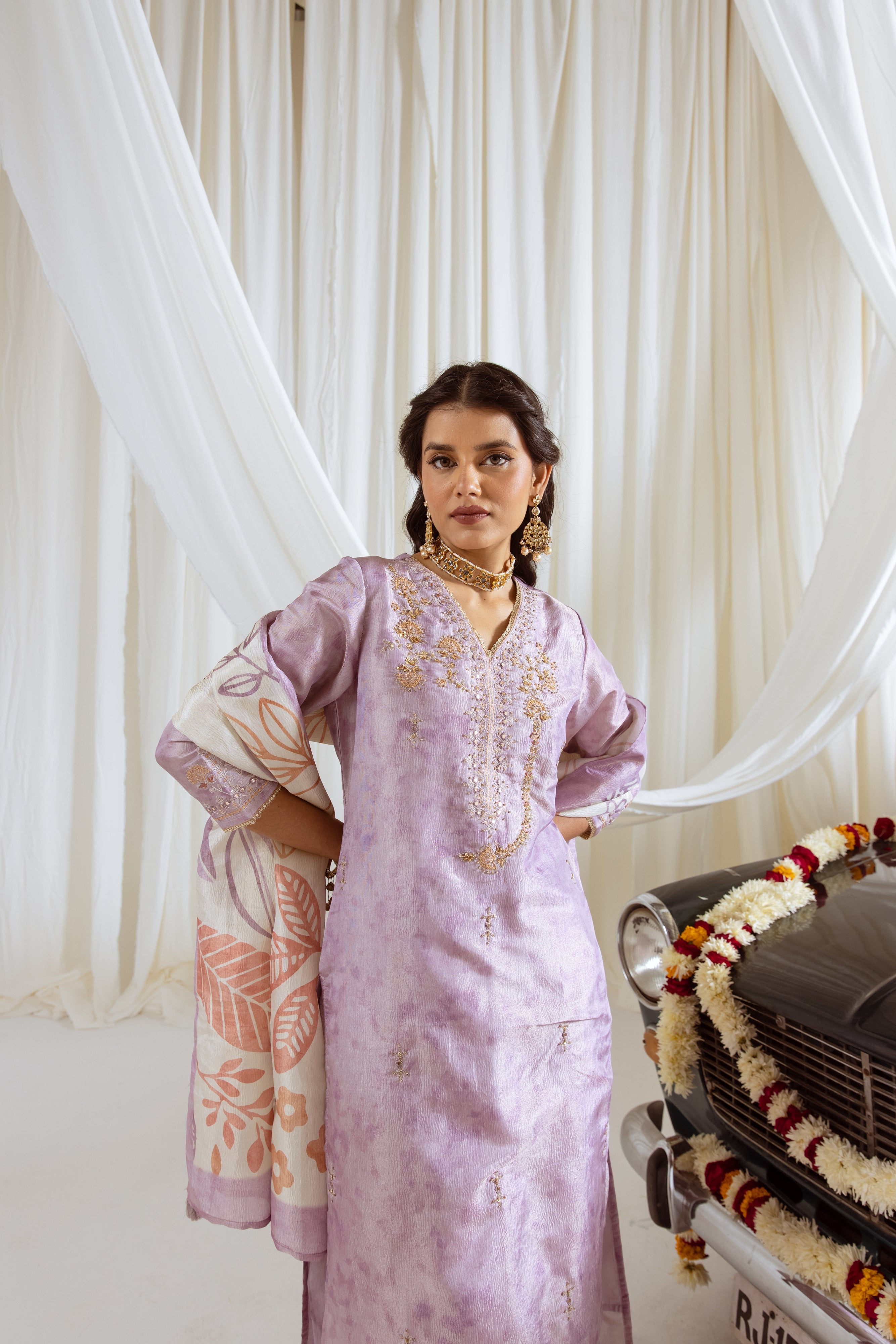 Lavender Tissue Simmer Kurta Pant and Dupatta Set