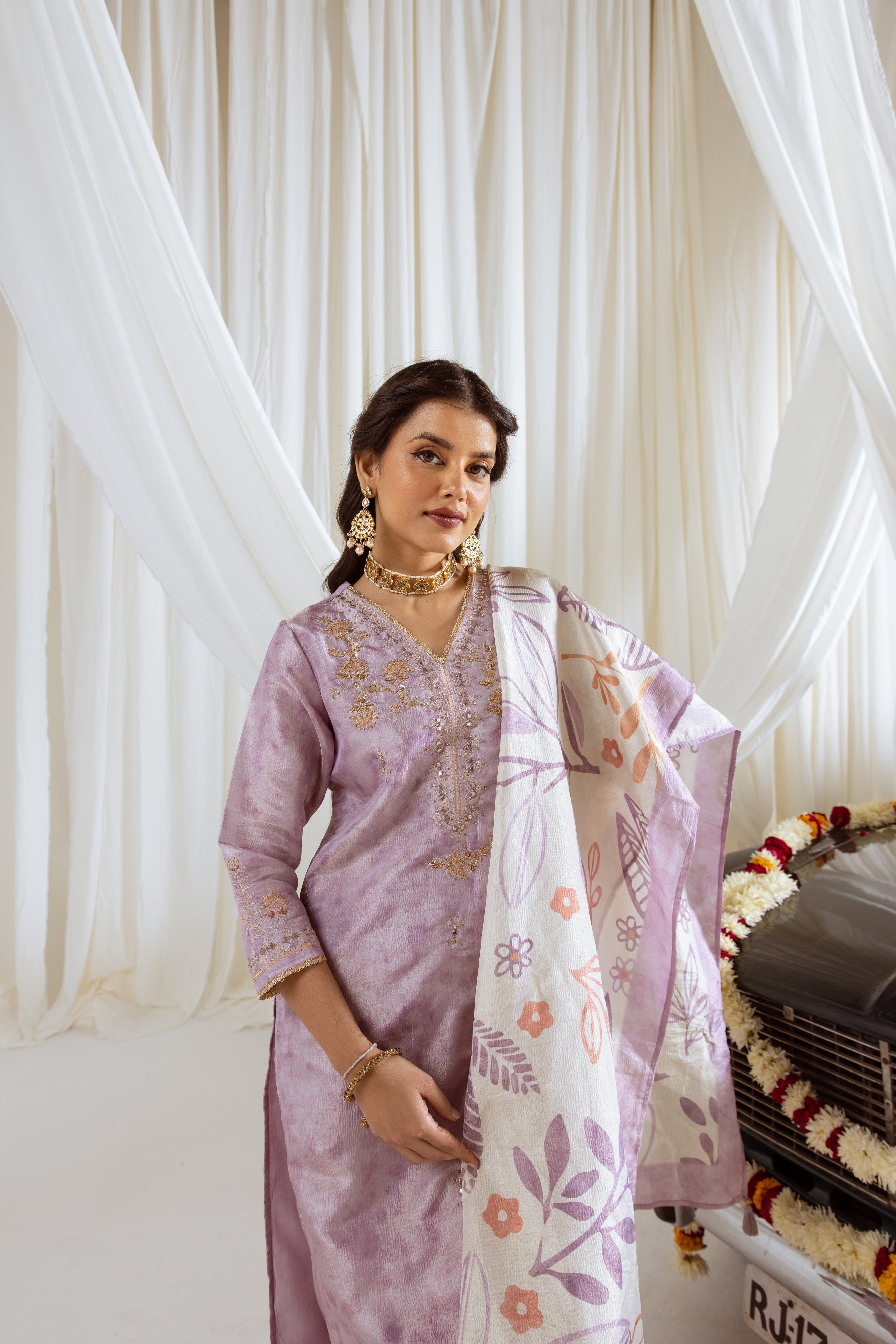 Lavender Tissue Simmer Kurta Pant and Dupatta Set