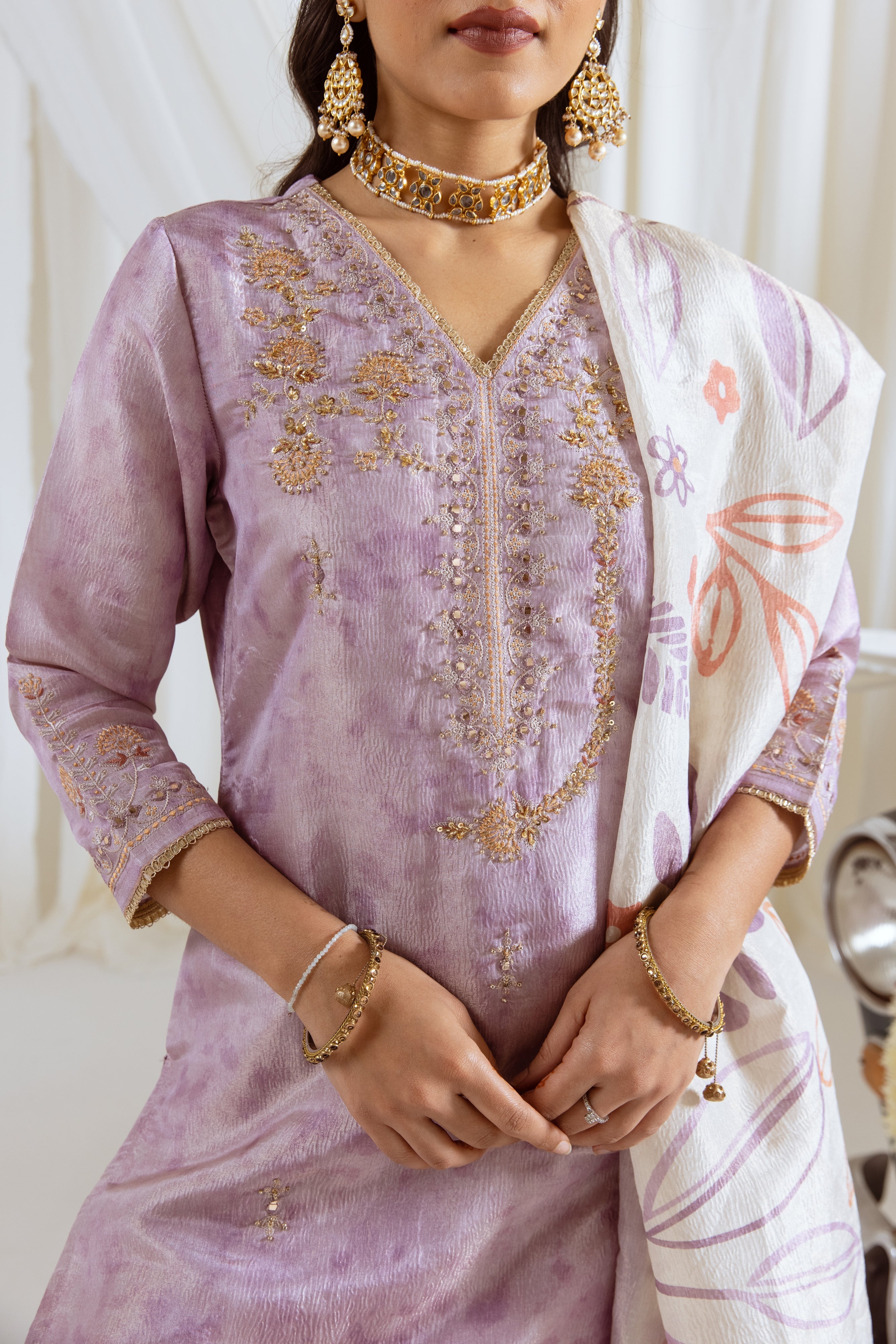 Lavender Tissue Simmer Kurta Pant and Dupatta Set