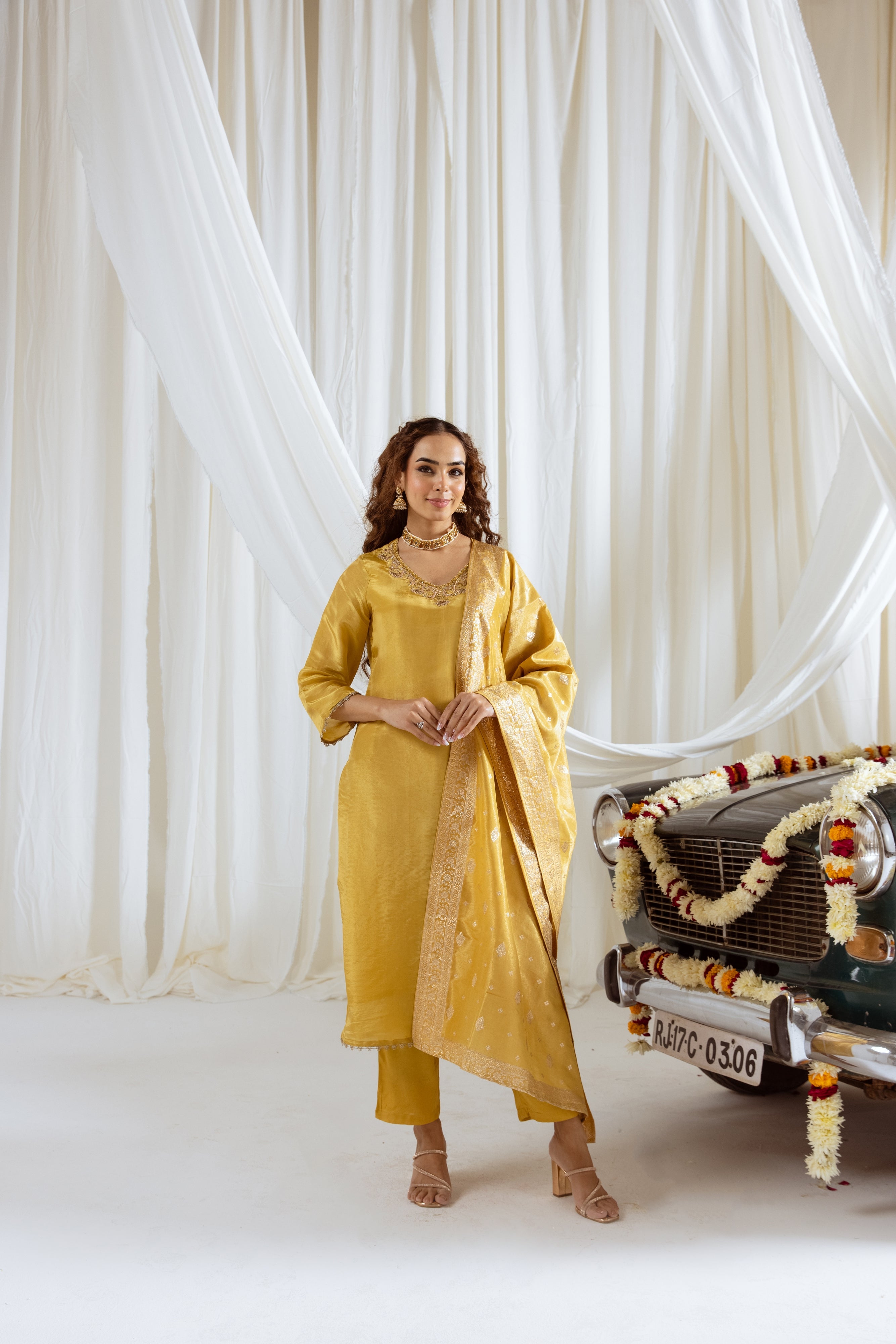 Women's Yellow Shimmer Kurta Pant and Dupatta Set