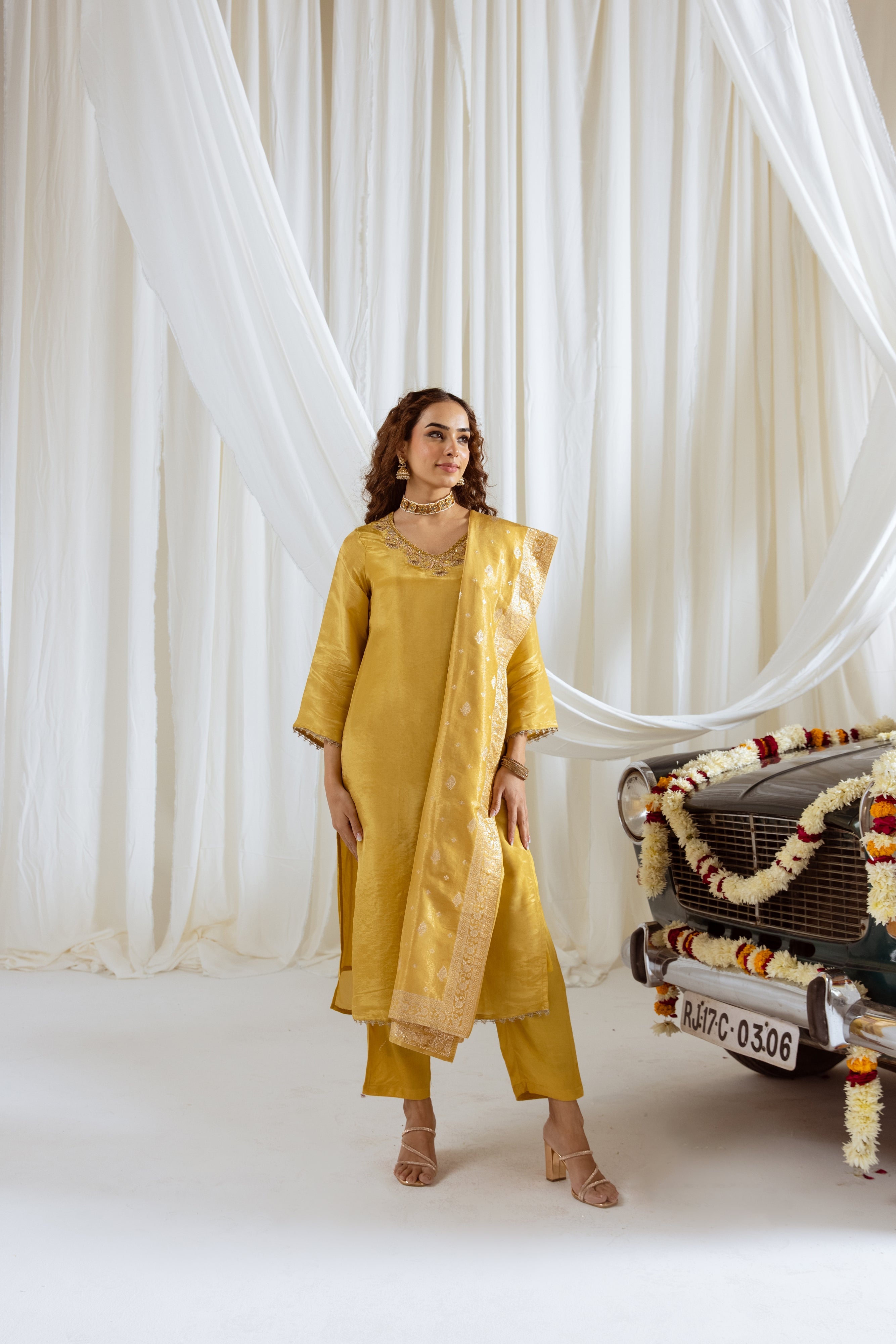 Women's Yellow Shimmer Kurta Pant and Dupatta Set