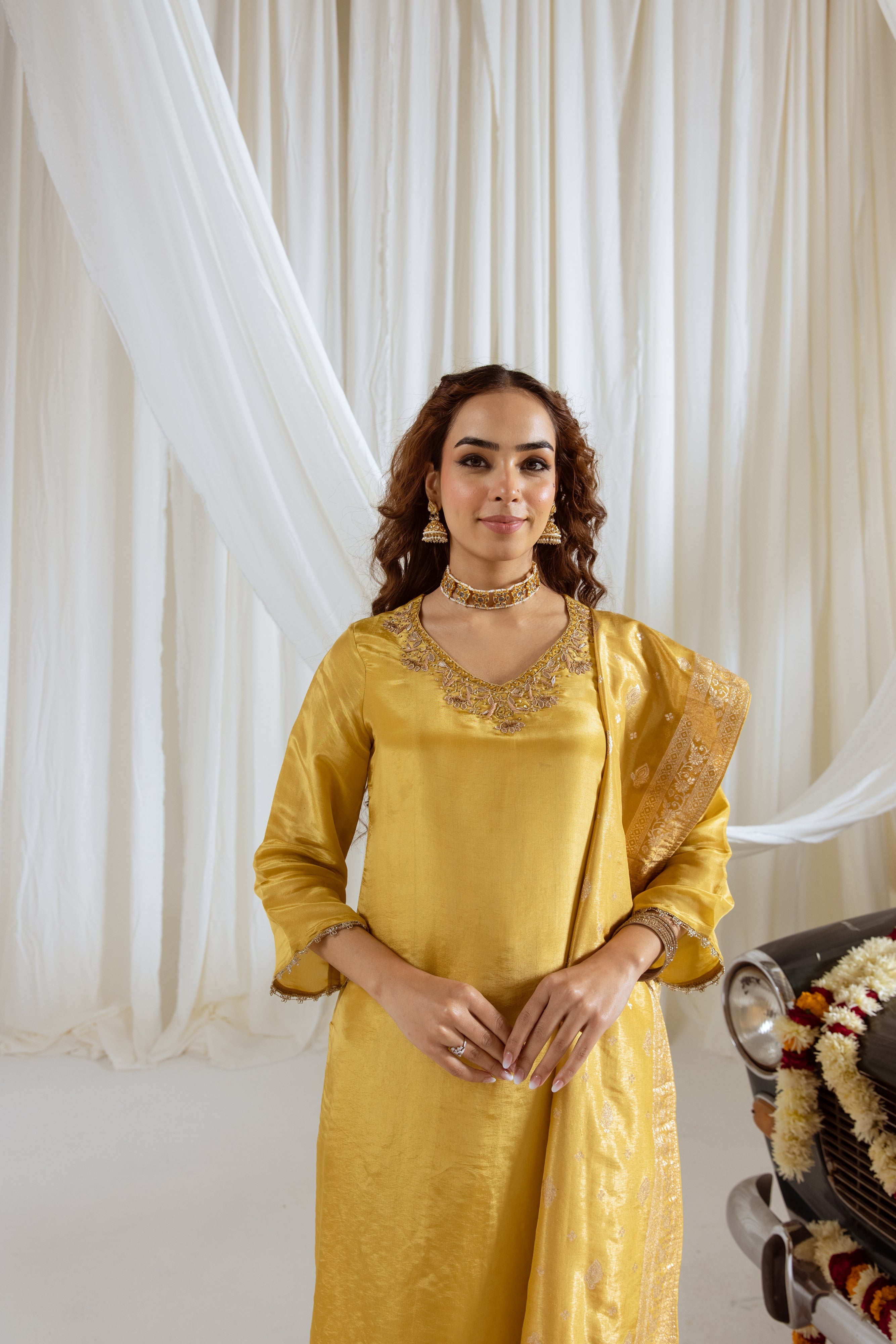 Women's Yellow Shimmer Kurta Pant and Dupatta Set