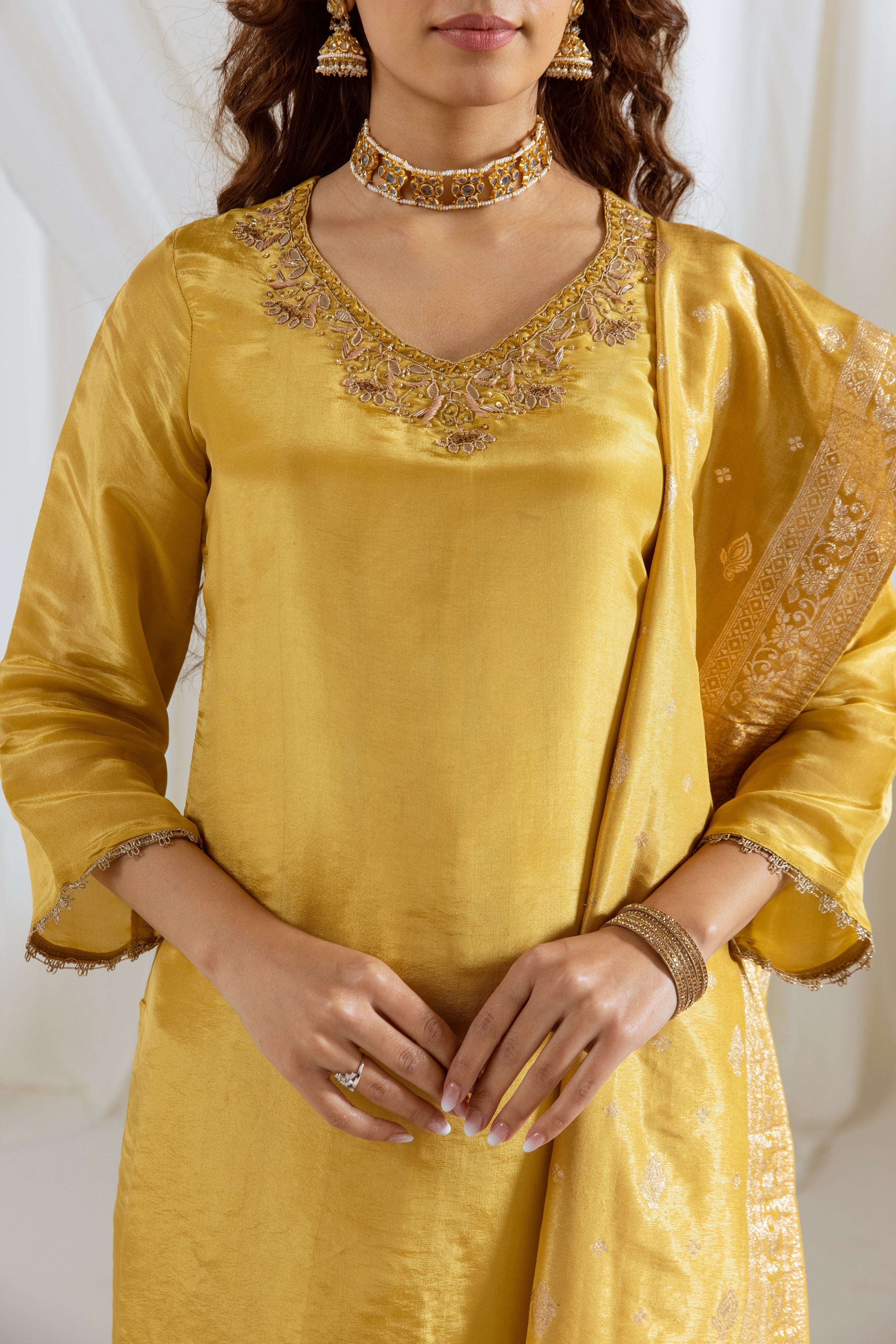 Women's Yellow Shimmer Kurta Pant and Dupatta Set