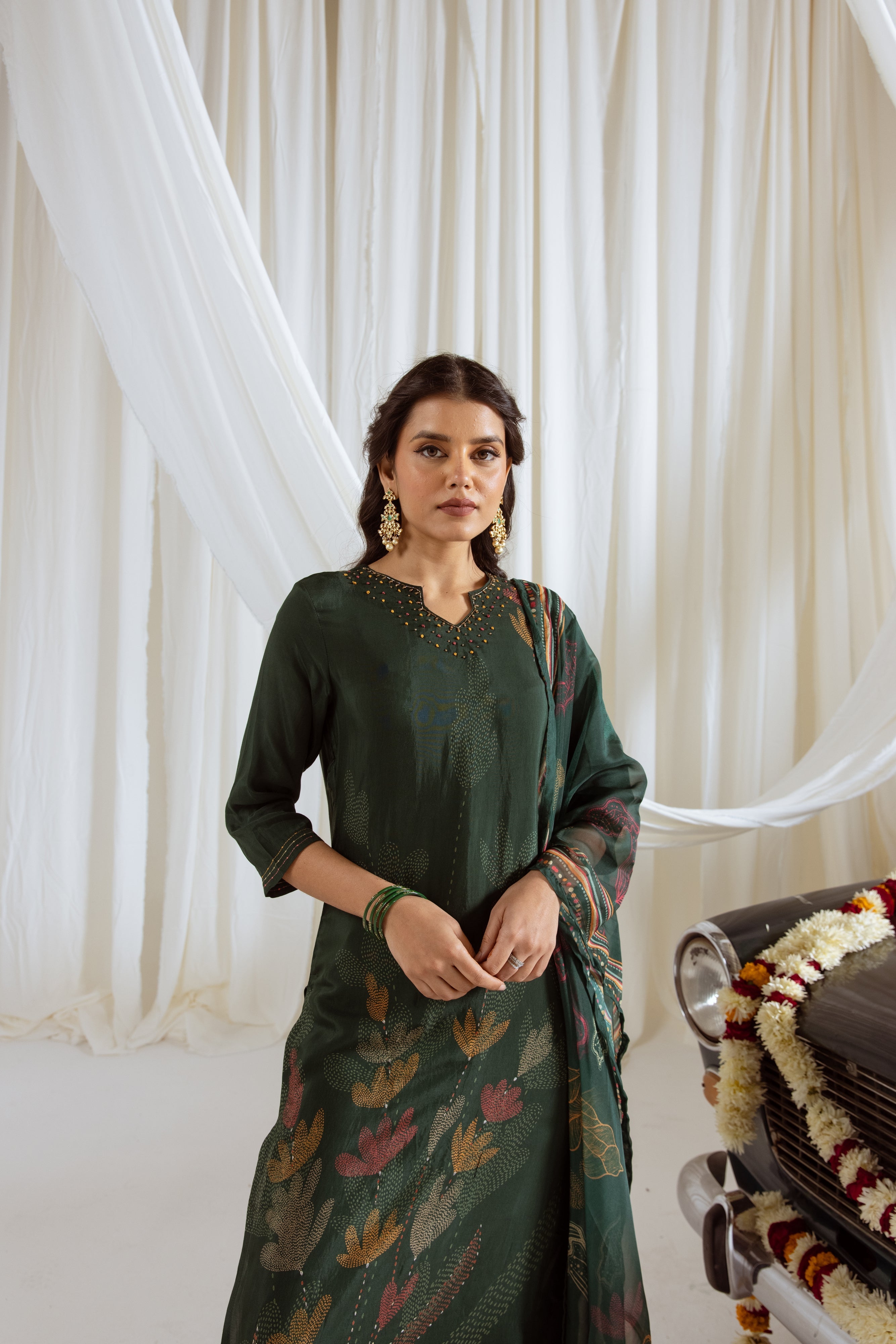 Rama Green Viscose Muslin Kurta Pant and Dupatta Set