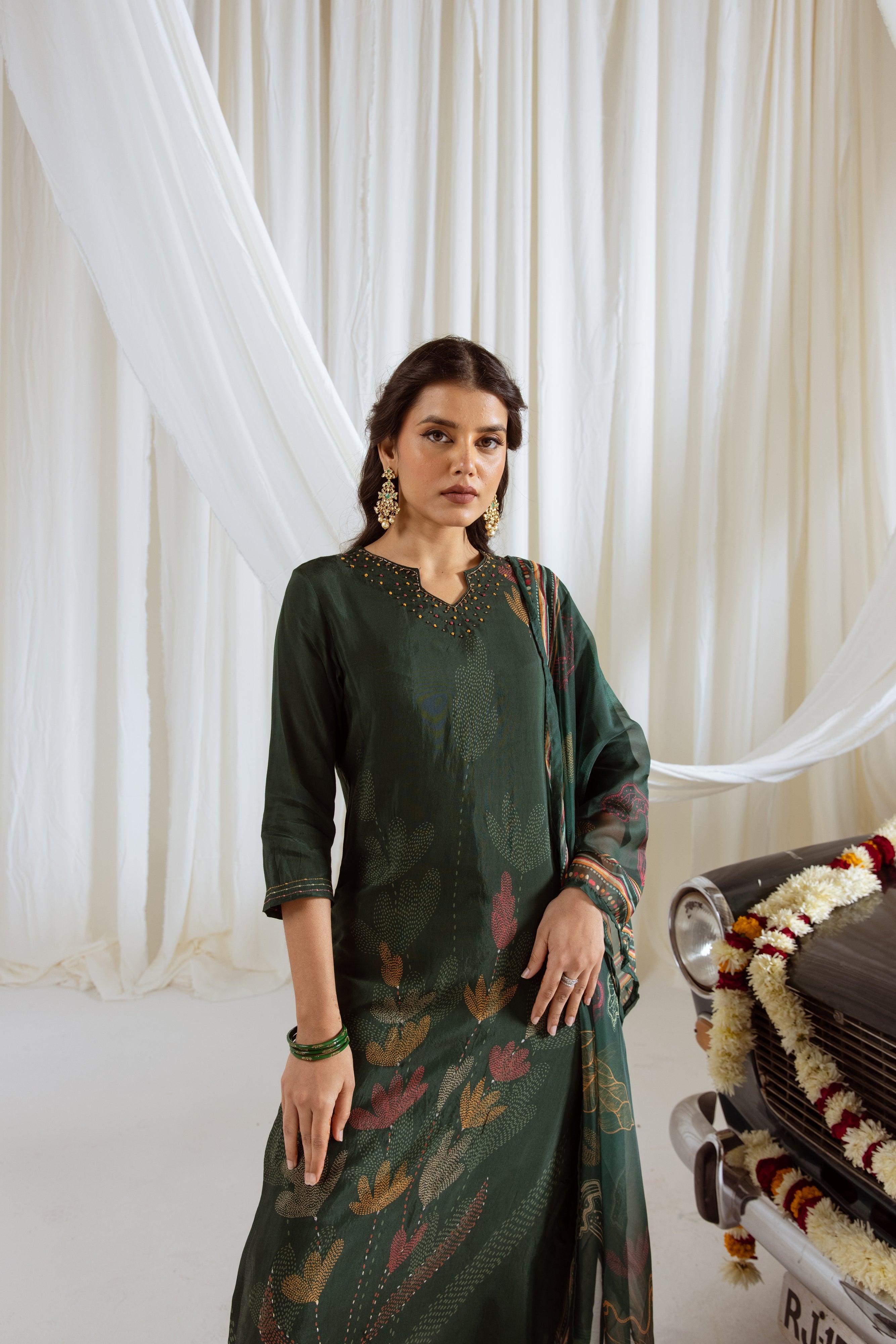 Rama Green Viscose Muslin Kurta Pant and Dupatta Set