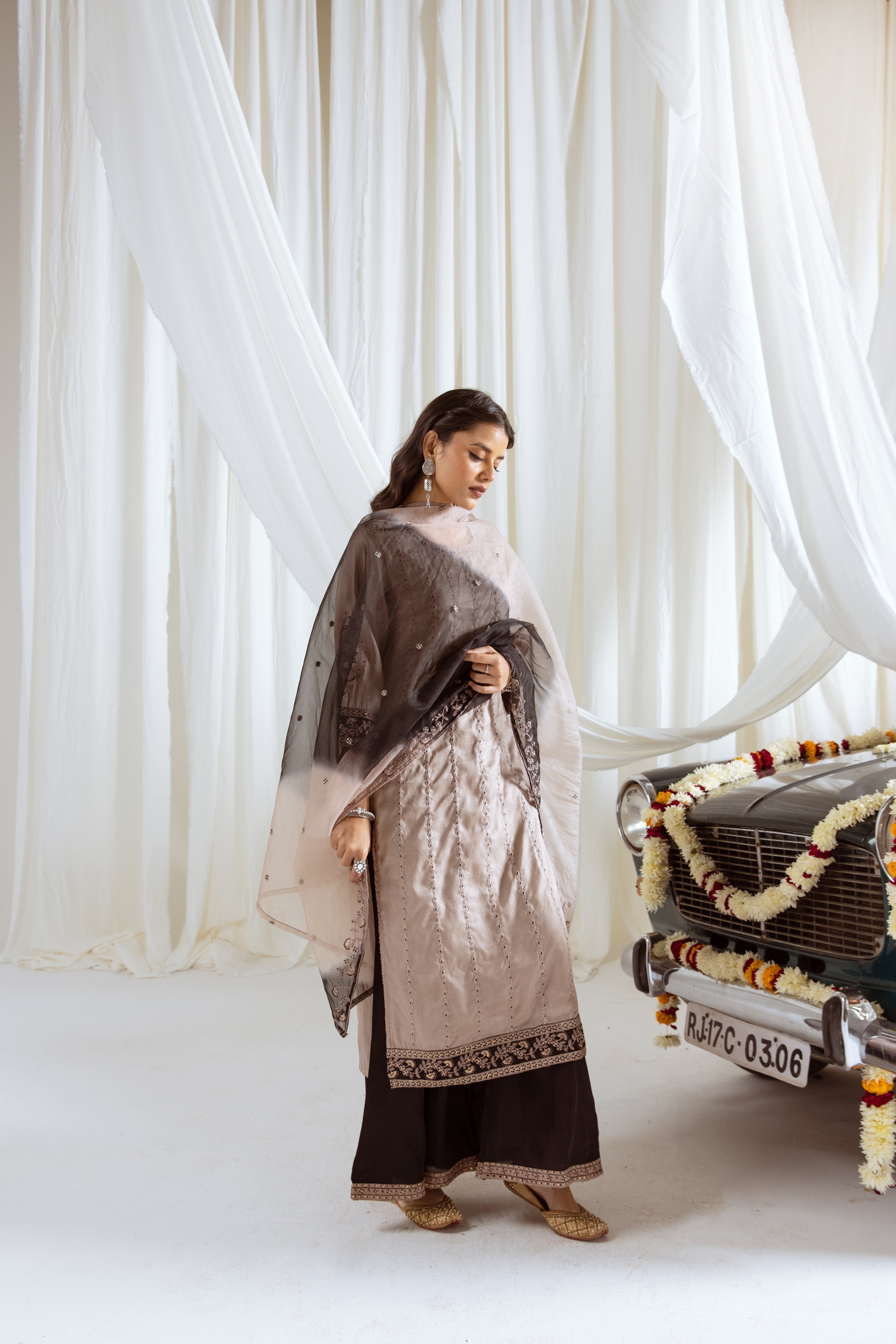 Beige Muslin Silk Kurta Palazzo and Dupatta Set