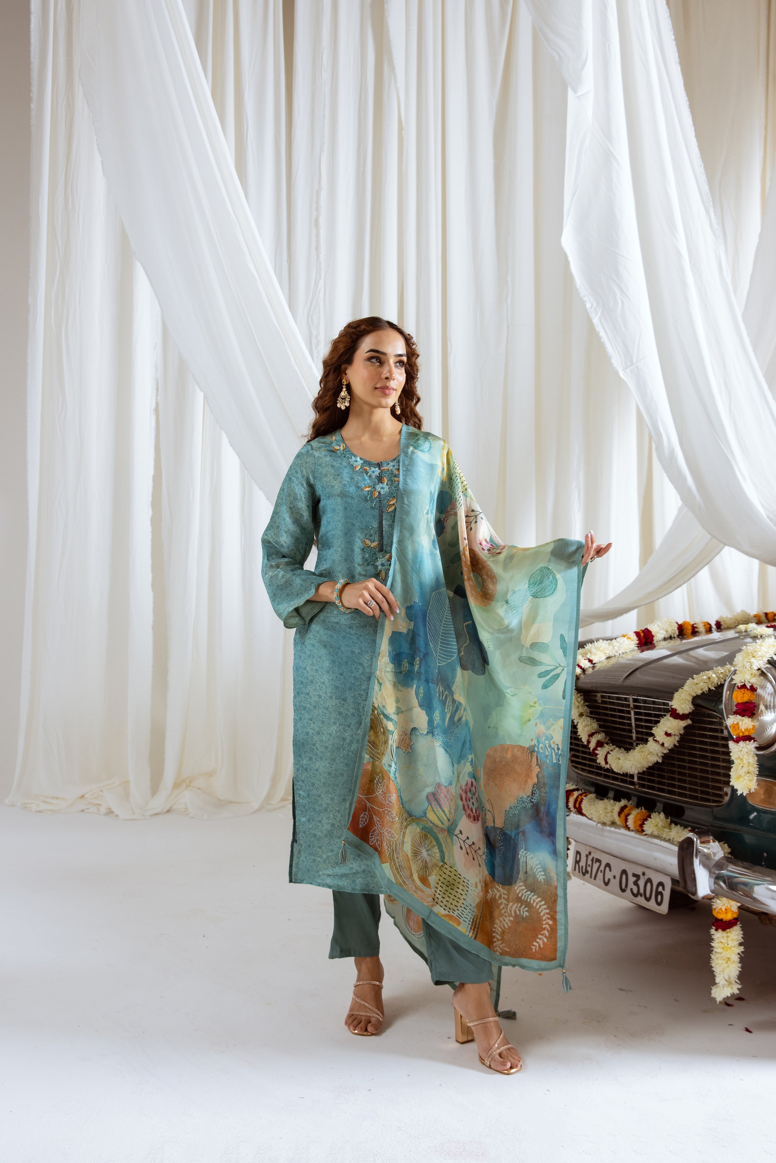 Turquoise Viscose Simmer Kurta Pant and Dupatta Set