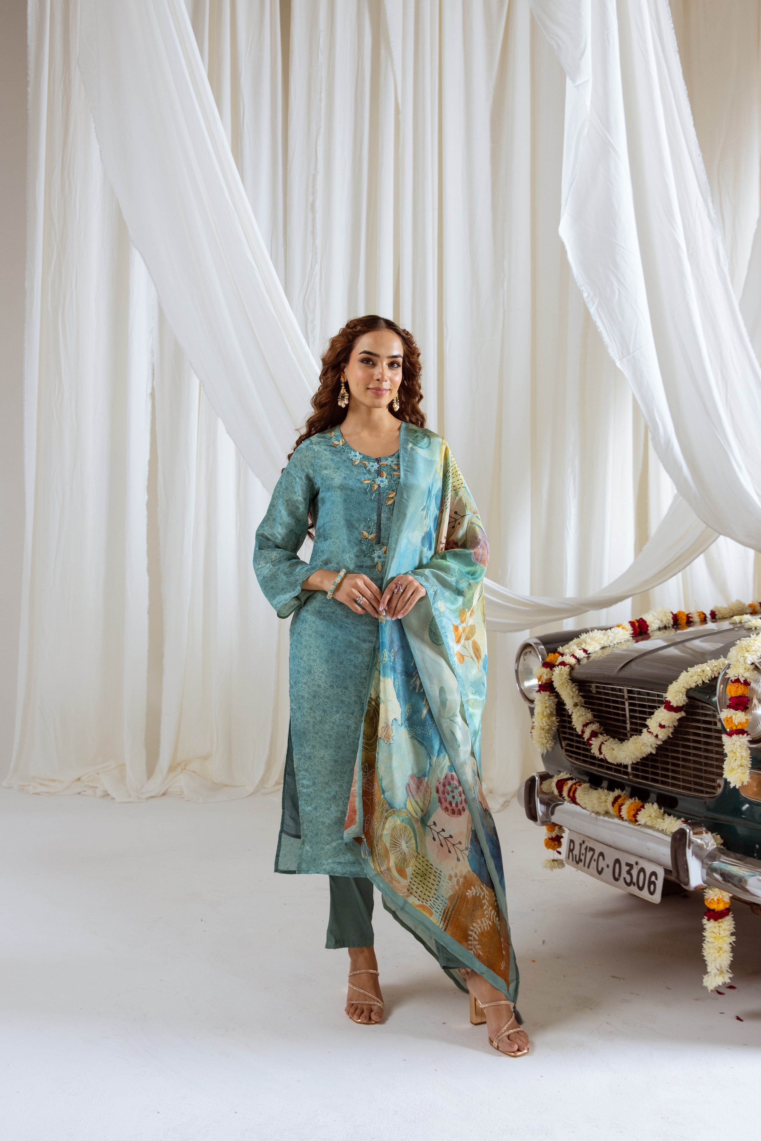 Turquoise Viscose Simmer Kurta Pant and Dupatta Set