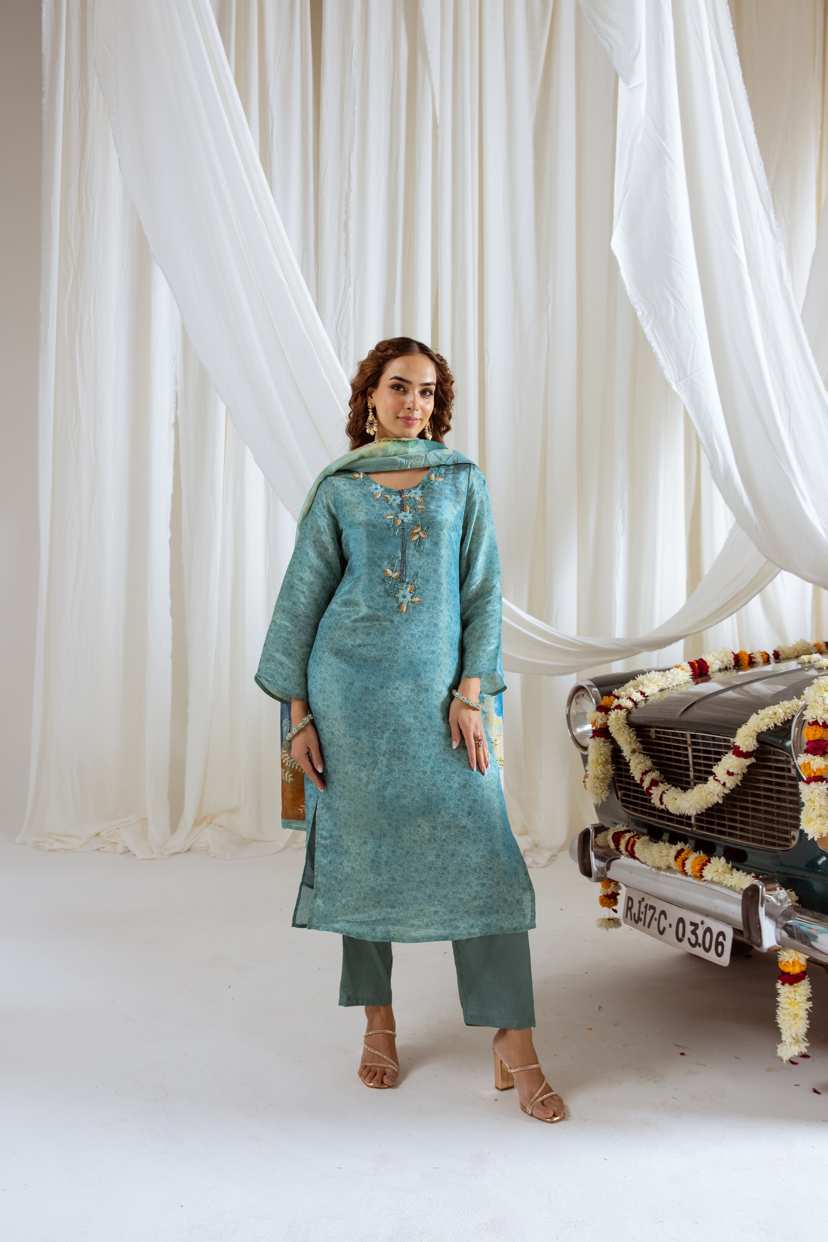 Turquoise Viscose Simmer Kurta Pant and Dupatta Set