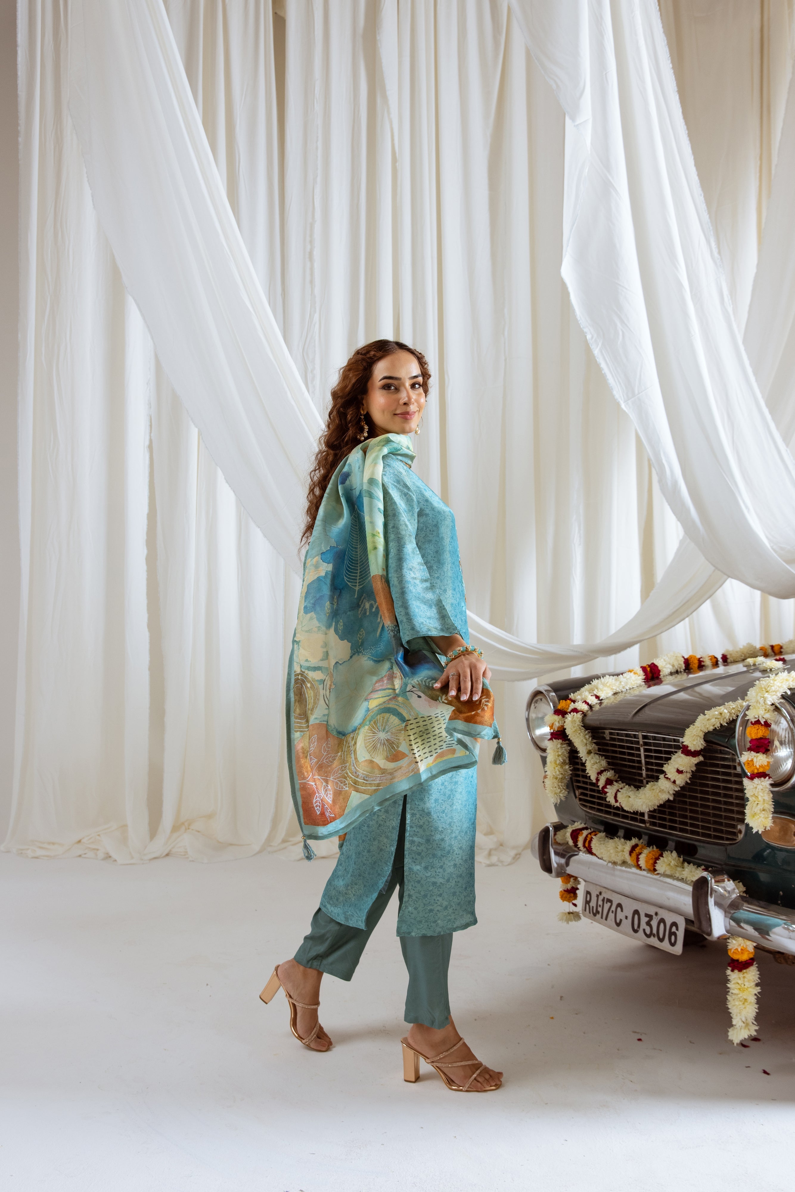 Turquoise Viscose Simmer Kurta Pant and Dupatta Set
