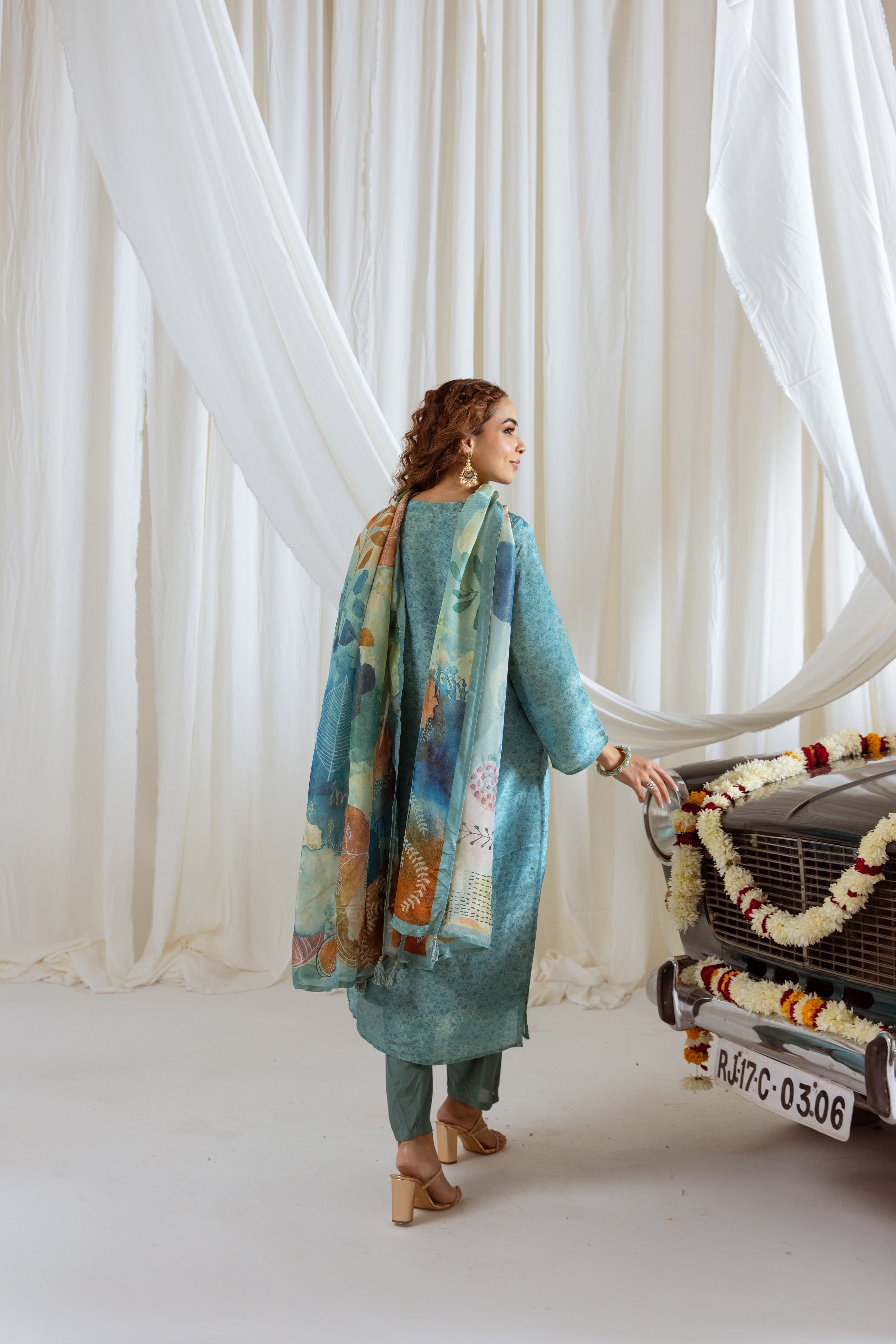 Turquoise Viscose Simmer Kurta Pant and Dupatta Set