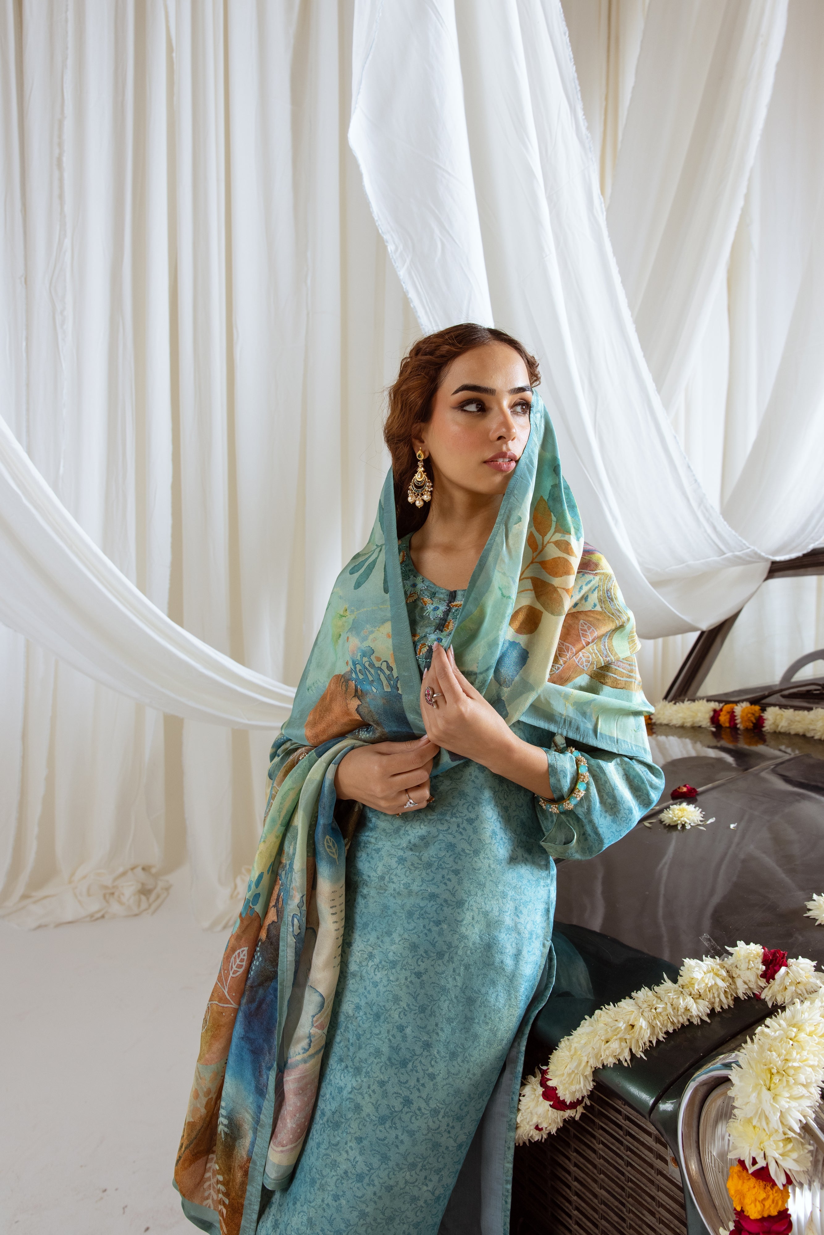 Turquoise Viscose Simmer Kurta Pant and Dupatta Set
