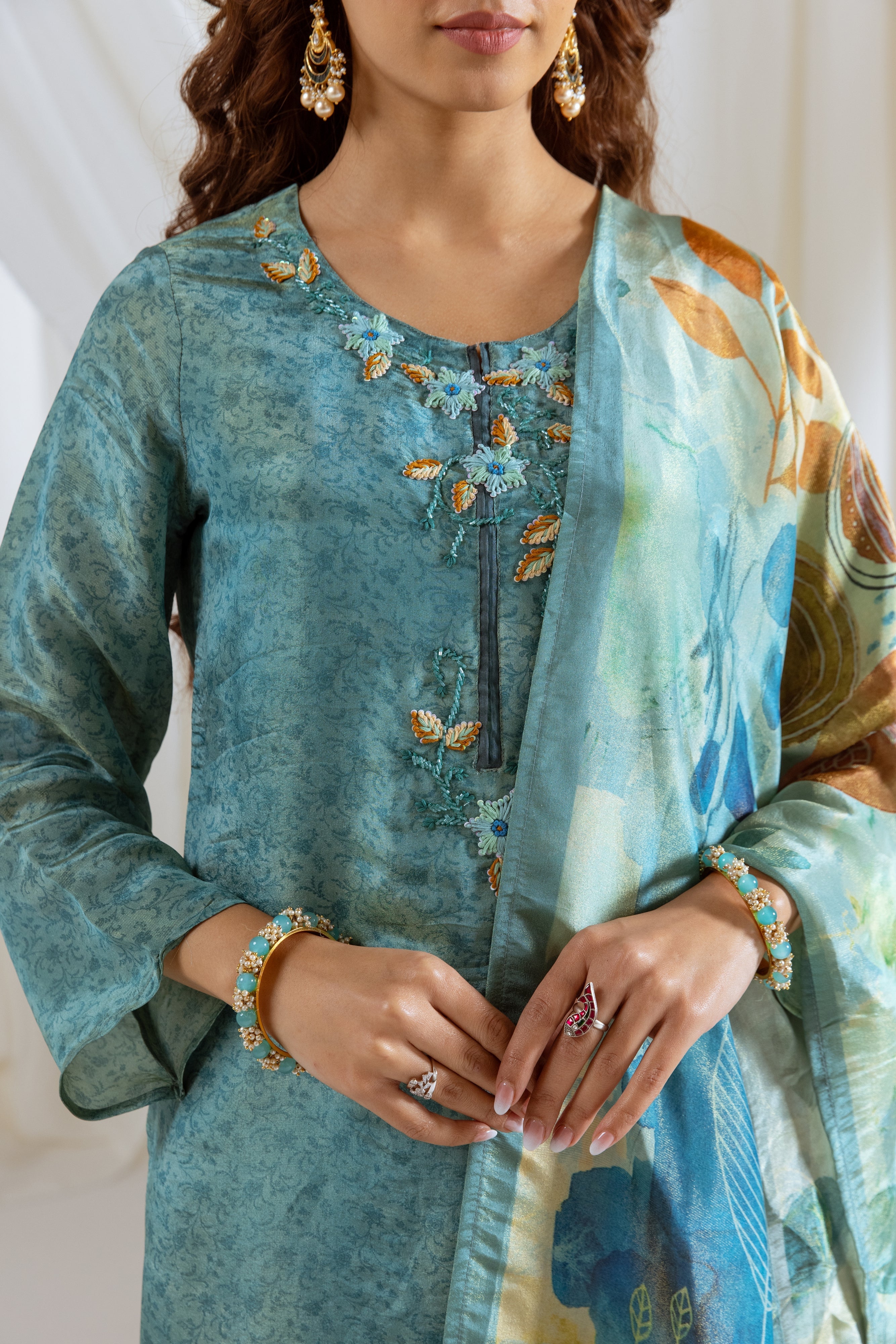 Turquoise Viscose Simmer Kurta Pant and Dupatta Set