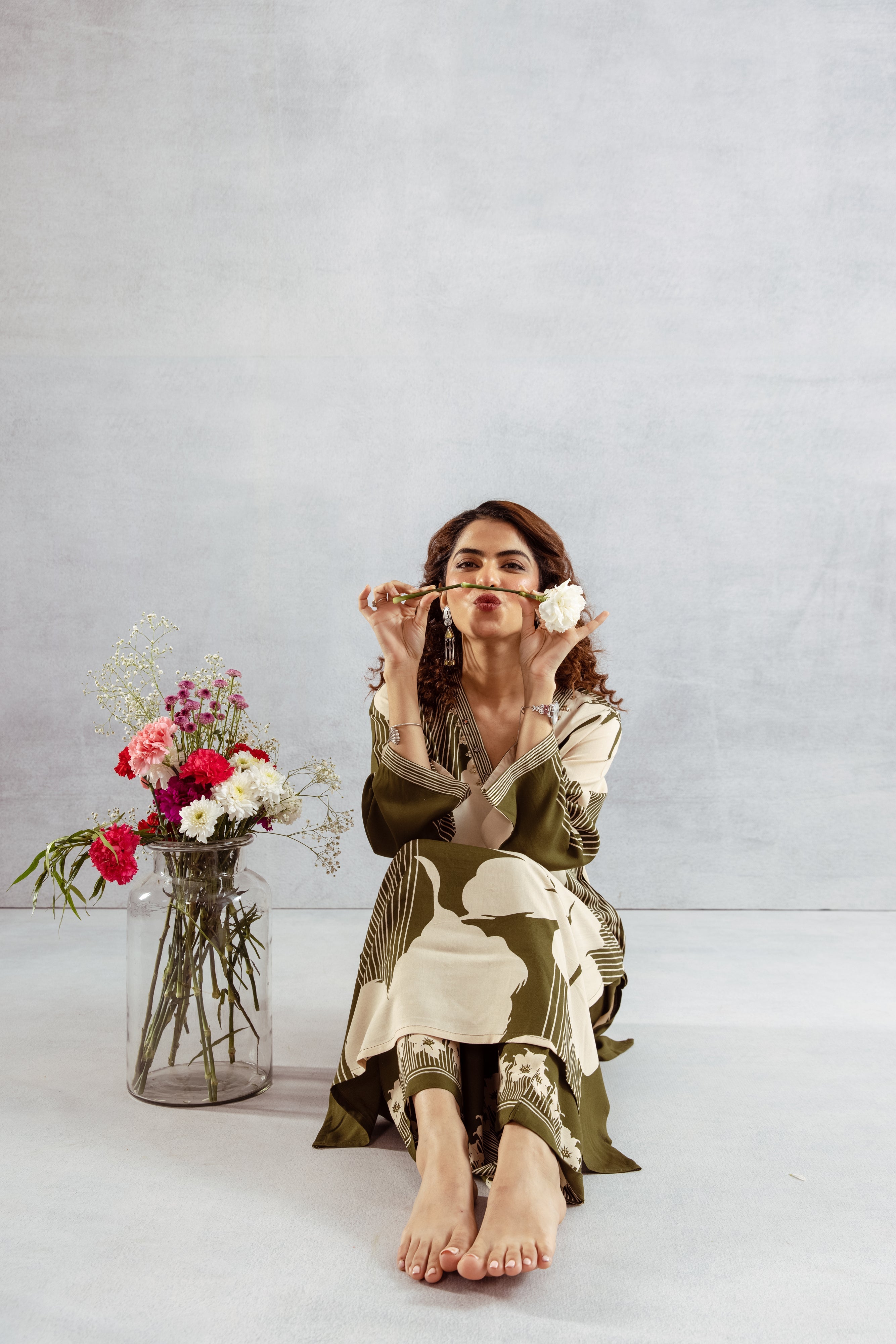 Women's Green::Off white German Rayon Kurta and Palazzo Set