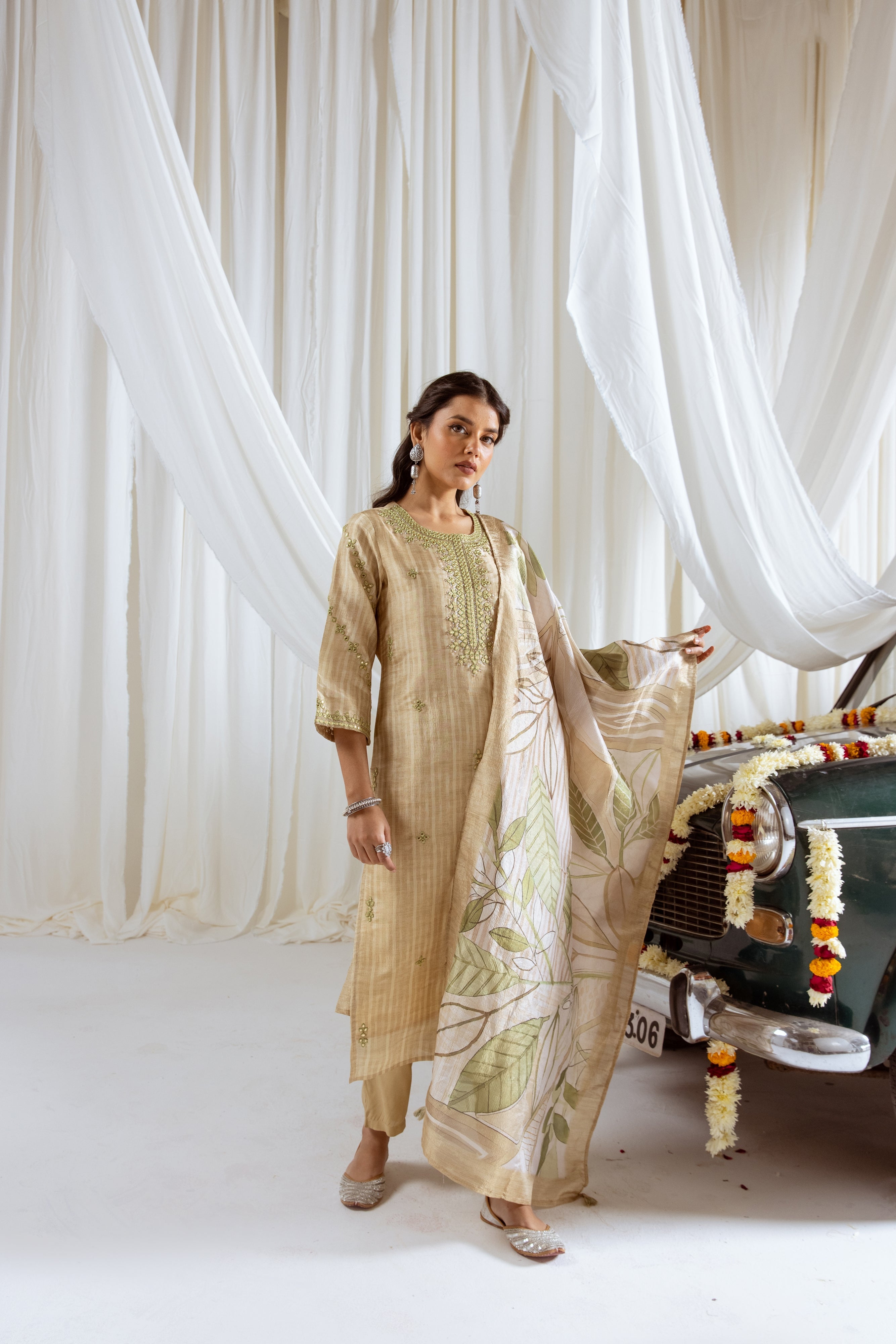 Pastel Yellow Tissue Simmer Kurta Pant and Dupatta Set