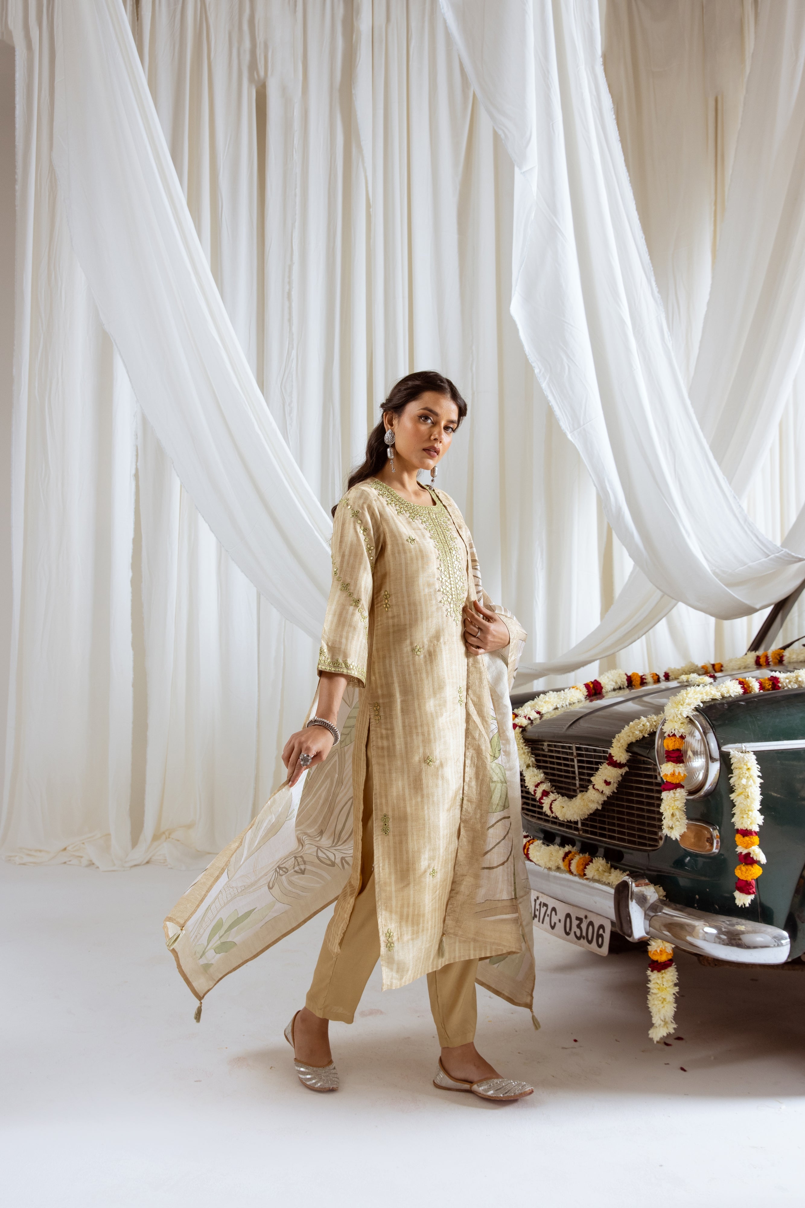 Pastel Yellow Tissue Simmer Kurta Pant and Dupatta Set