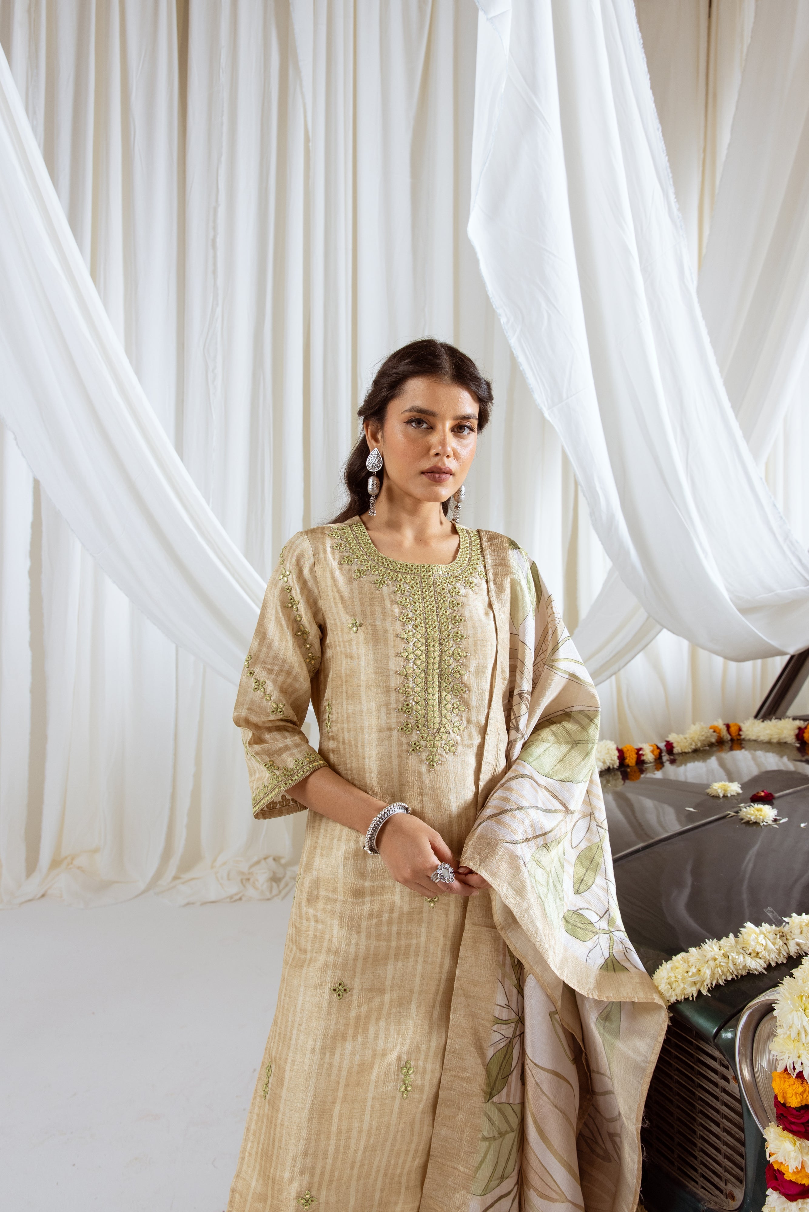 Pastel Yellow Tissue Simmer Kurta Pant and Dupatta Set